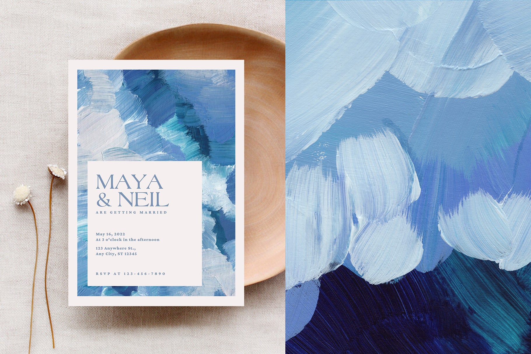 blue painted artistic wedding invitation