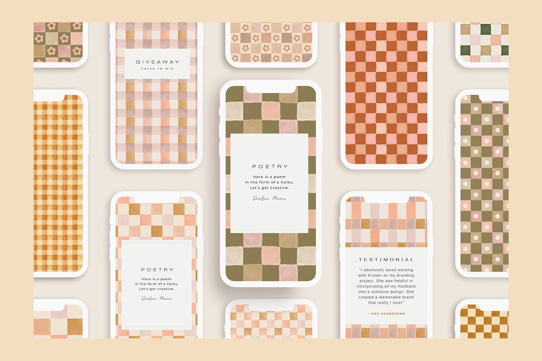 thirteen mobile phone mock-ups showcasing social media posts with hand-painted checkered patterns in the background