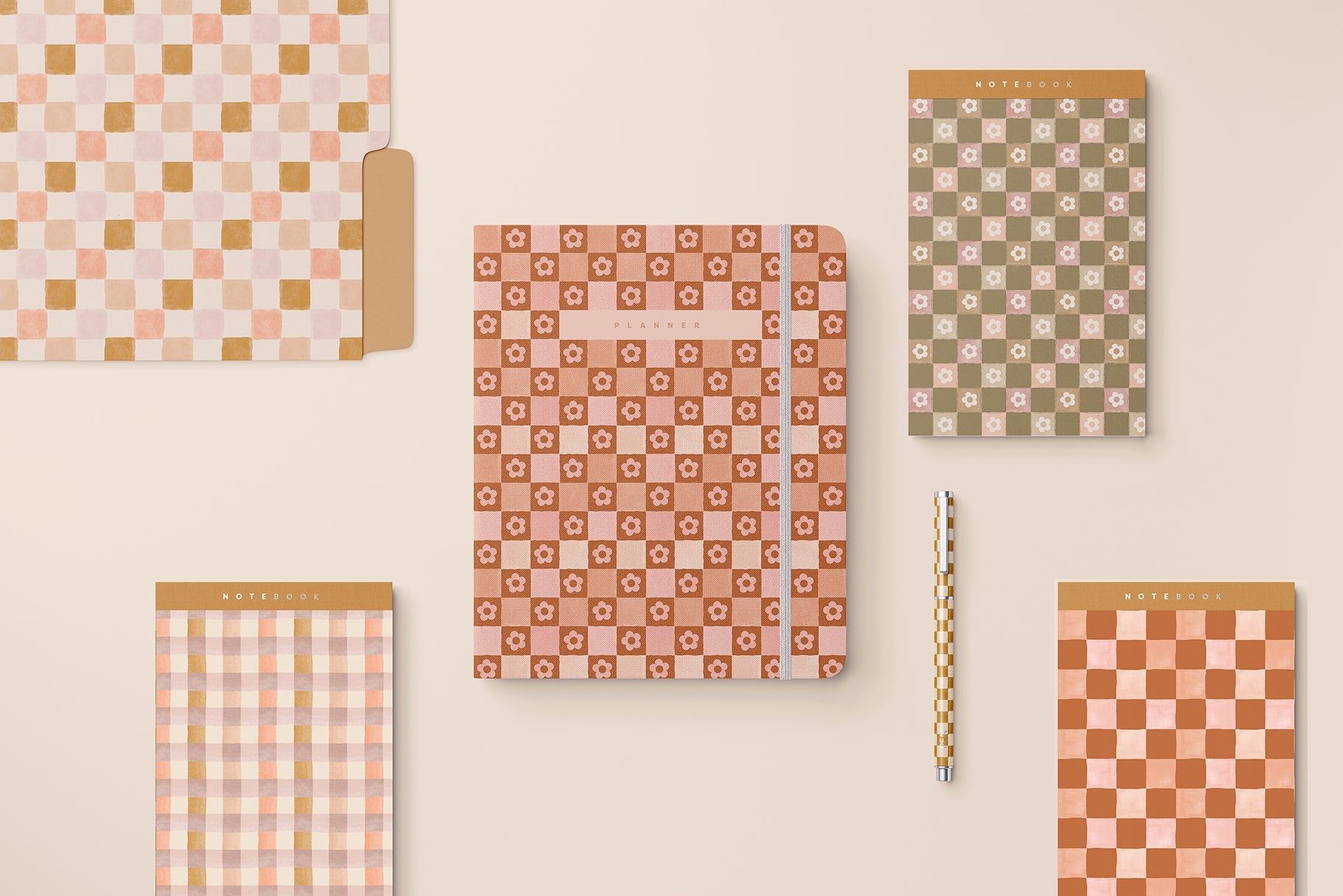 retro checkered stationery products view overhead view