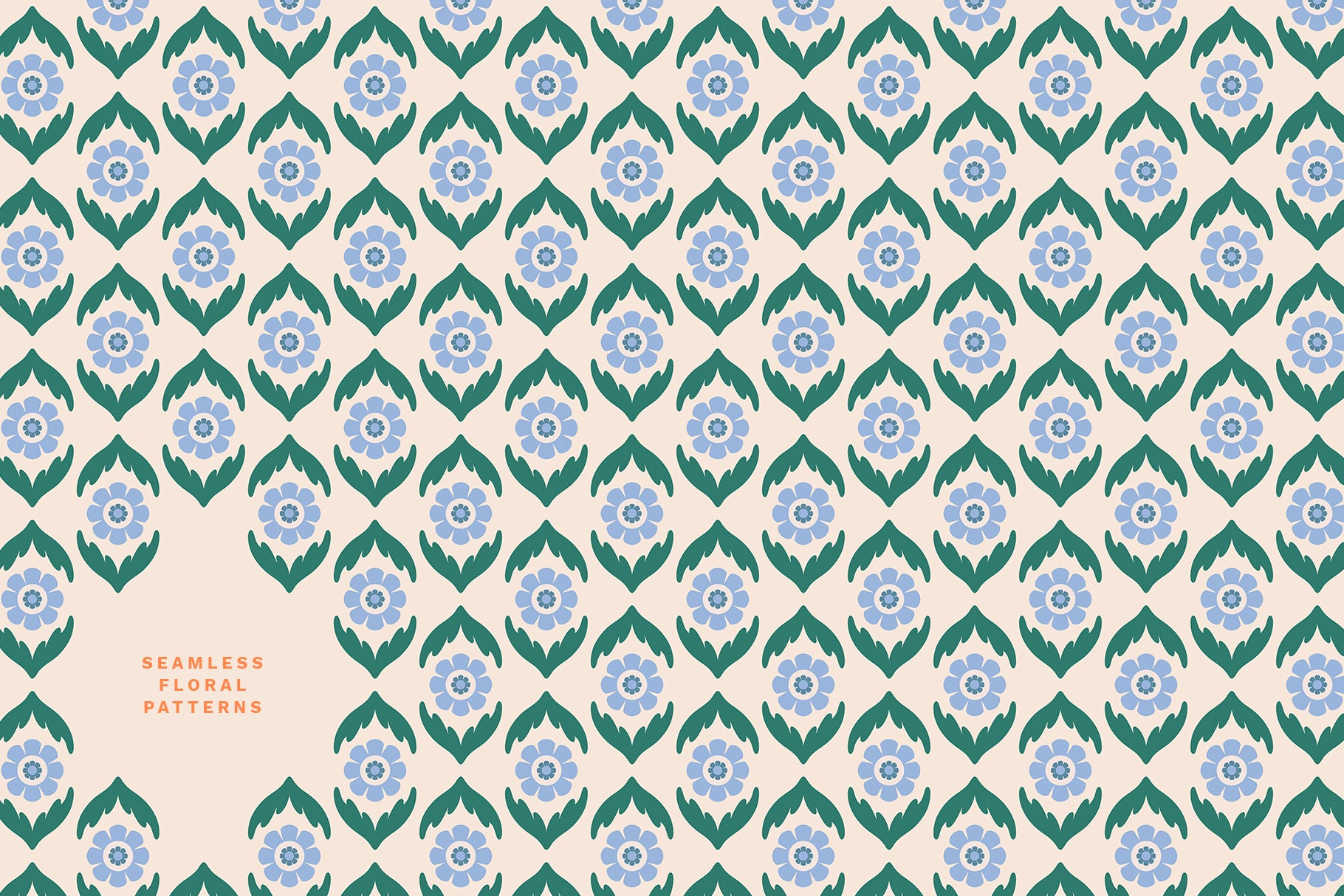 Blue and green folk flowers repeat pattern