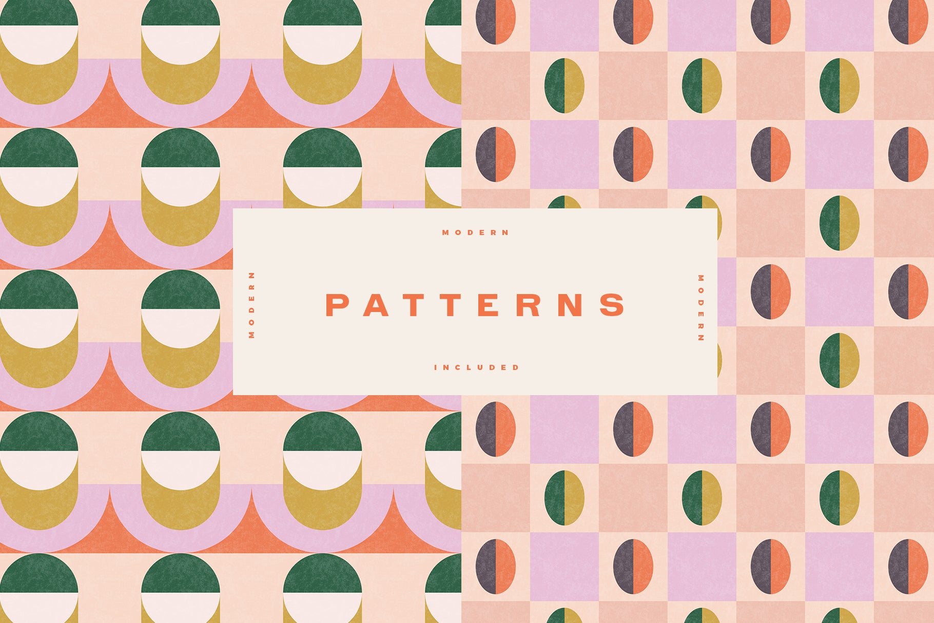 retro geometric patterns in pink green and orange with text in the center