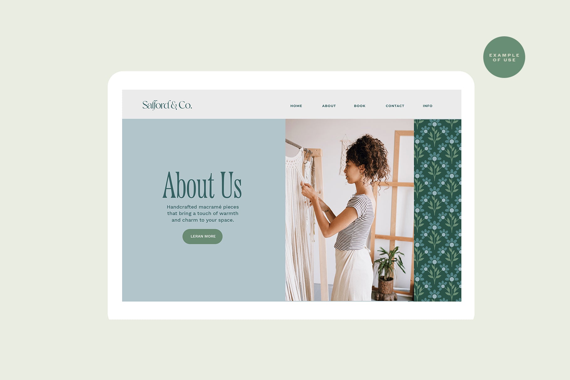 Feminine and modern brand with blue and green color palette, website design idea