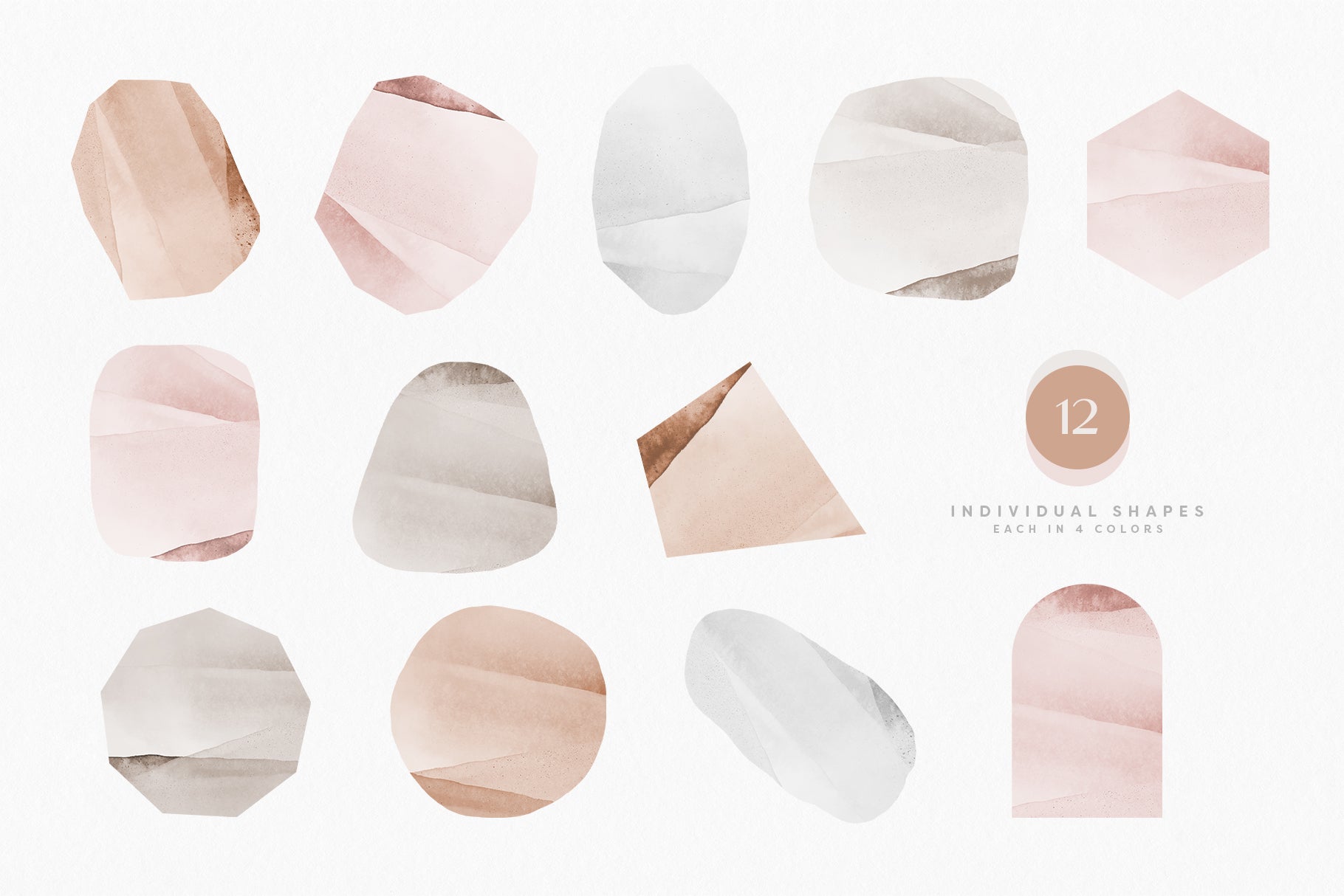 twelve individual artistic abstract shape png files in a neutral color palette