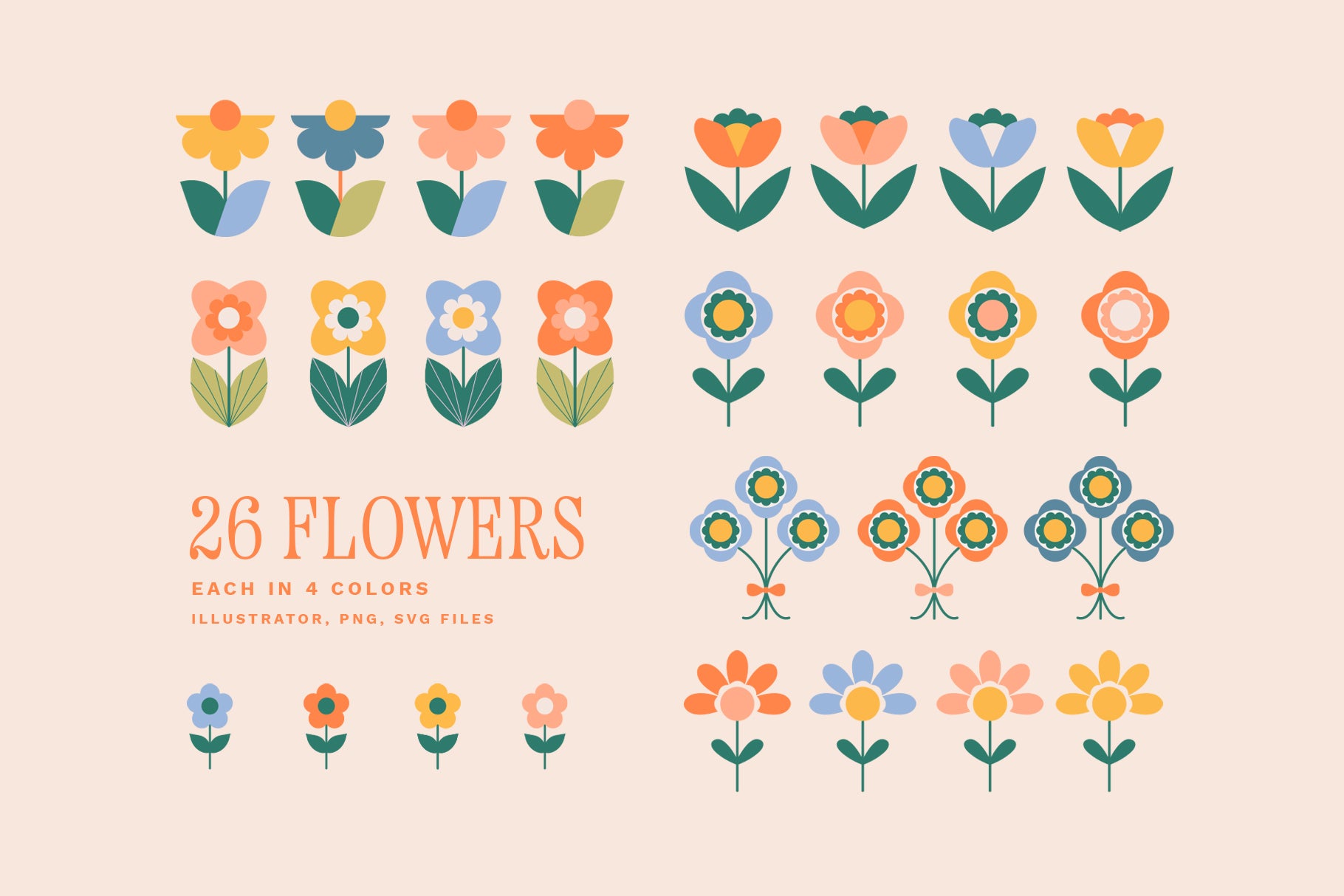 Geometric mid century modern flowers design elements