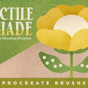 Promotional graphic for Tactile Shade Procreate brushes, featuring texture shading brushes for digital illustration, a stylized yellow flower, green textured background.