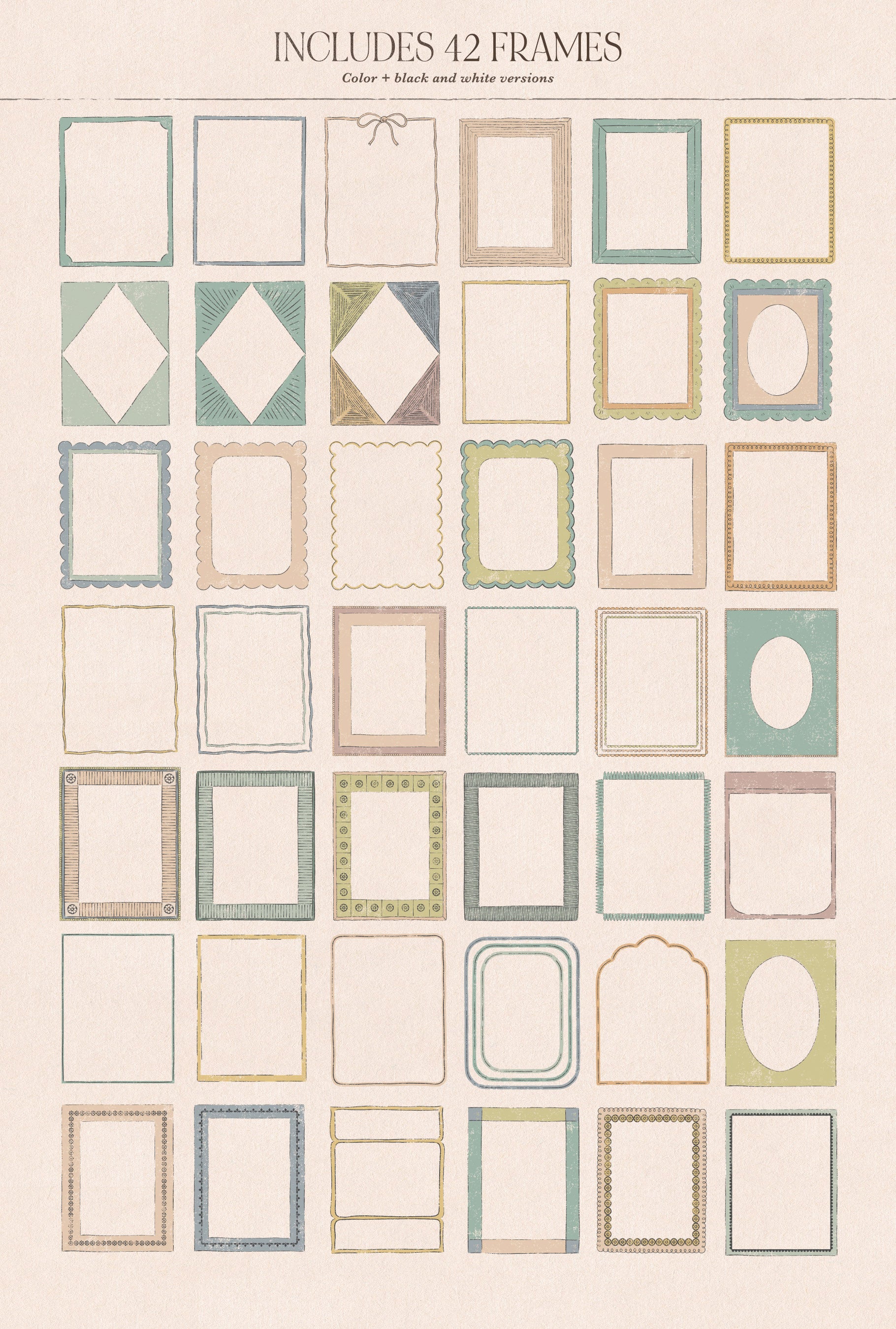 Collection of variously shaped and sized hand drawn frames on a beige background