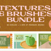 Promotional graphic for a digital 'Textures & Brushes Bundle' with large pink text on a brown textured background, a pink circle reading 'Three Sets in One,' and three illustrated sample panels below showing texture, tactile marks, and shade brushes.