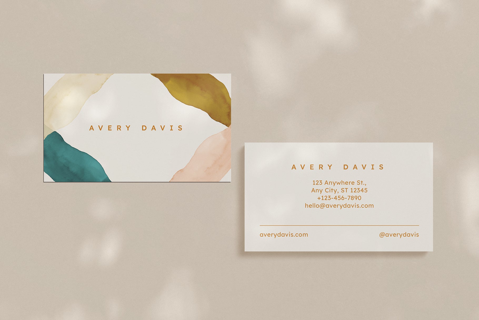 front and back business card design with watercolor shapes