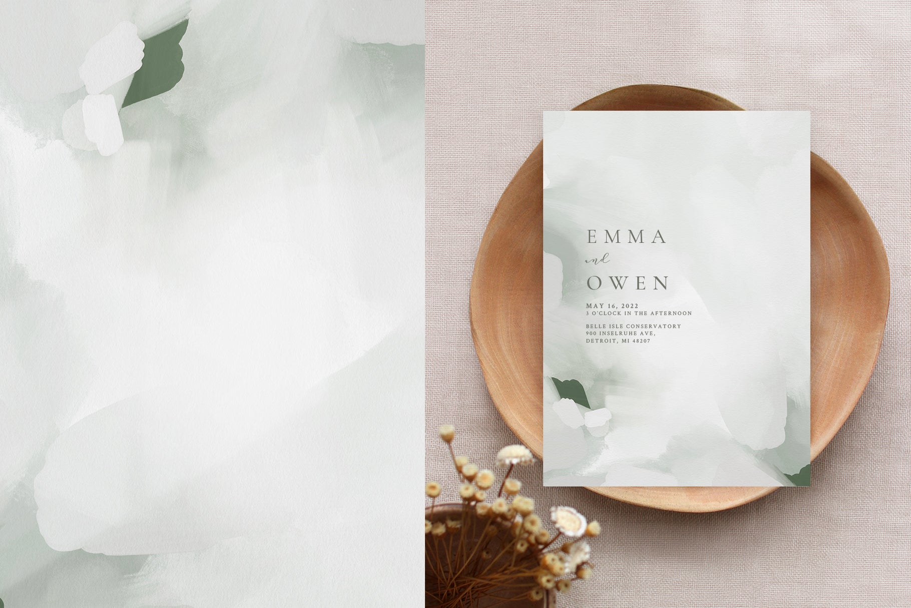 sage green wedding invitation design with an artistic painted background