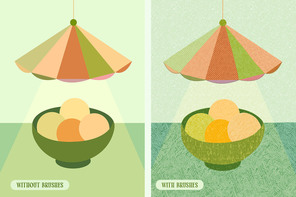 A side-by-side illustration of a cozy table scene with a bowl of fruit and a cute hanging light, comparing a flat digital illustration with a hand-drawn version created using Procreate brushes.