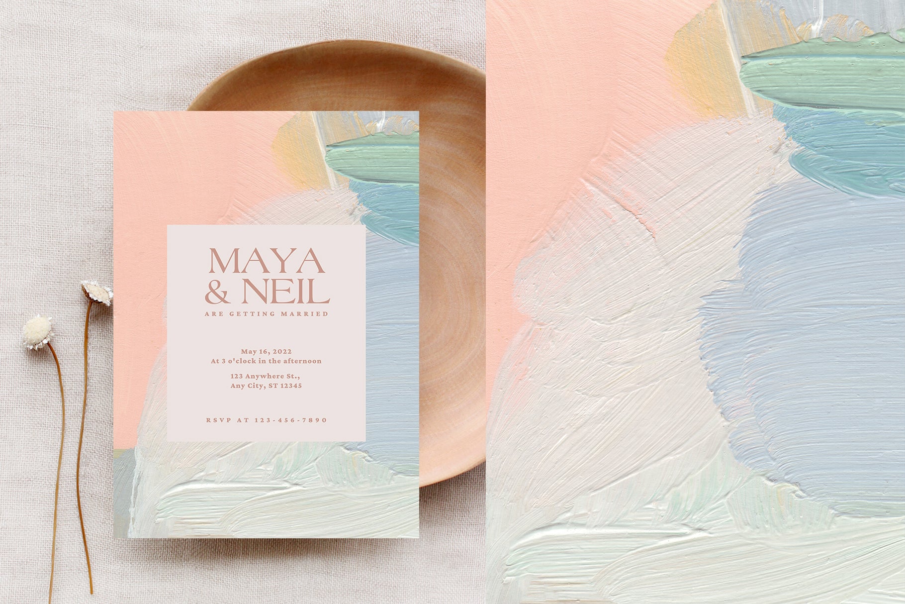 artistic wedding invitation design with painted background