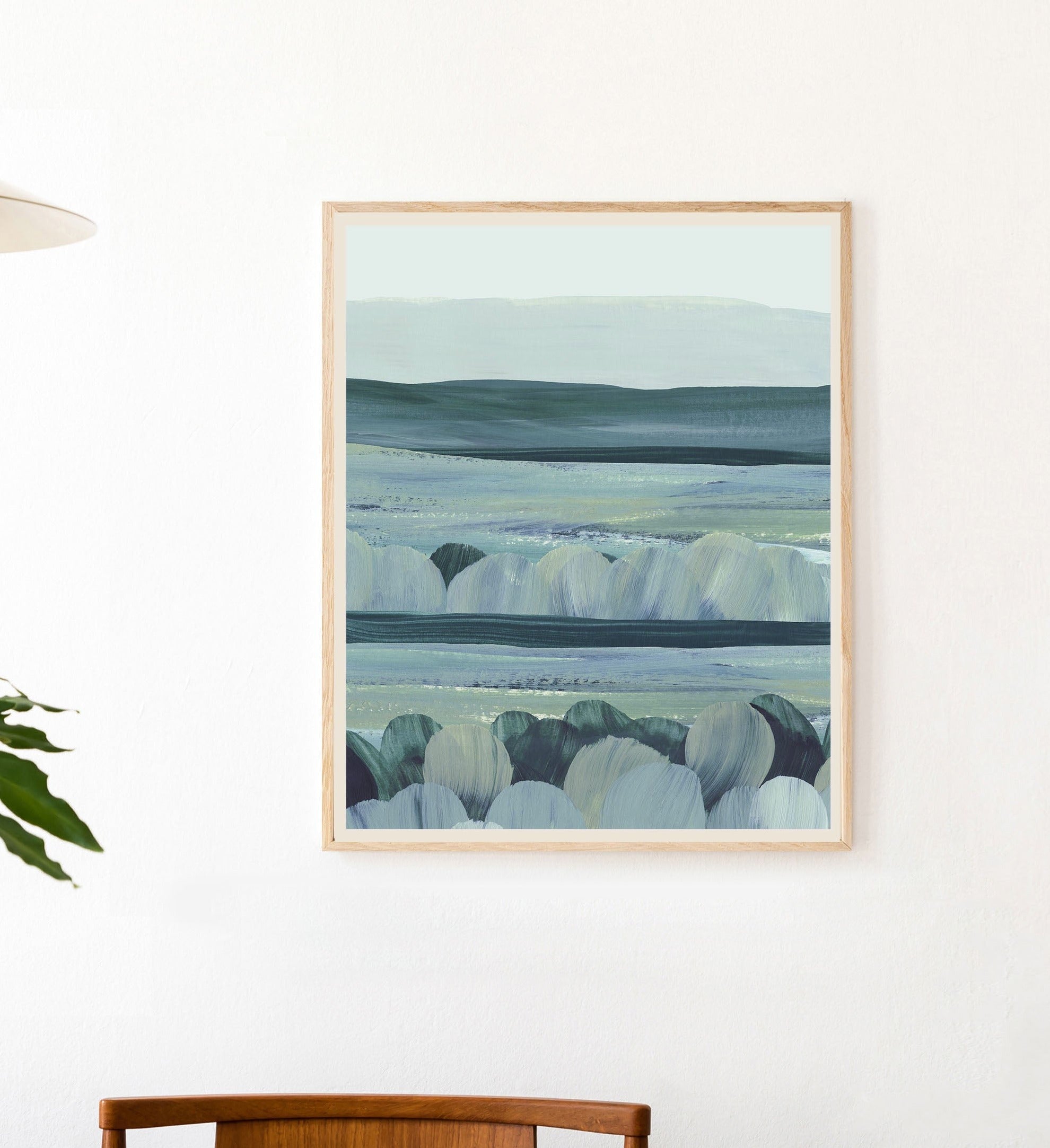 contemporary acrylic painting in shades of blue and green, capturing peaceful nature scene.