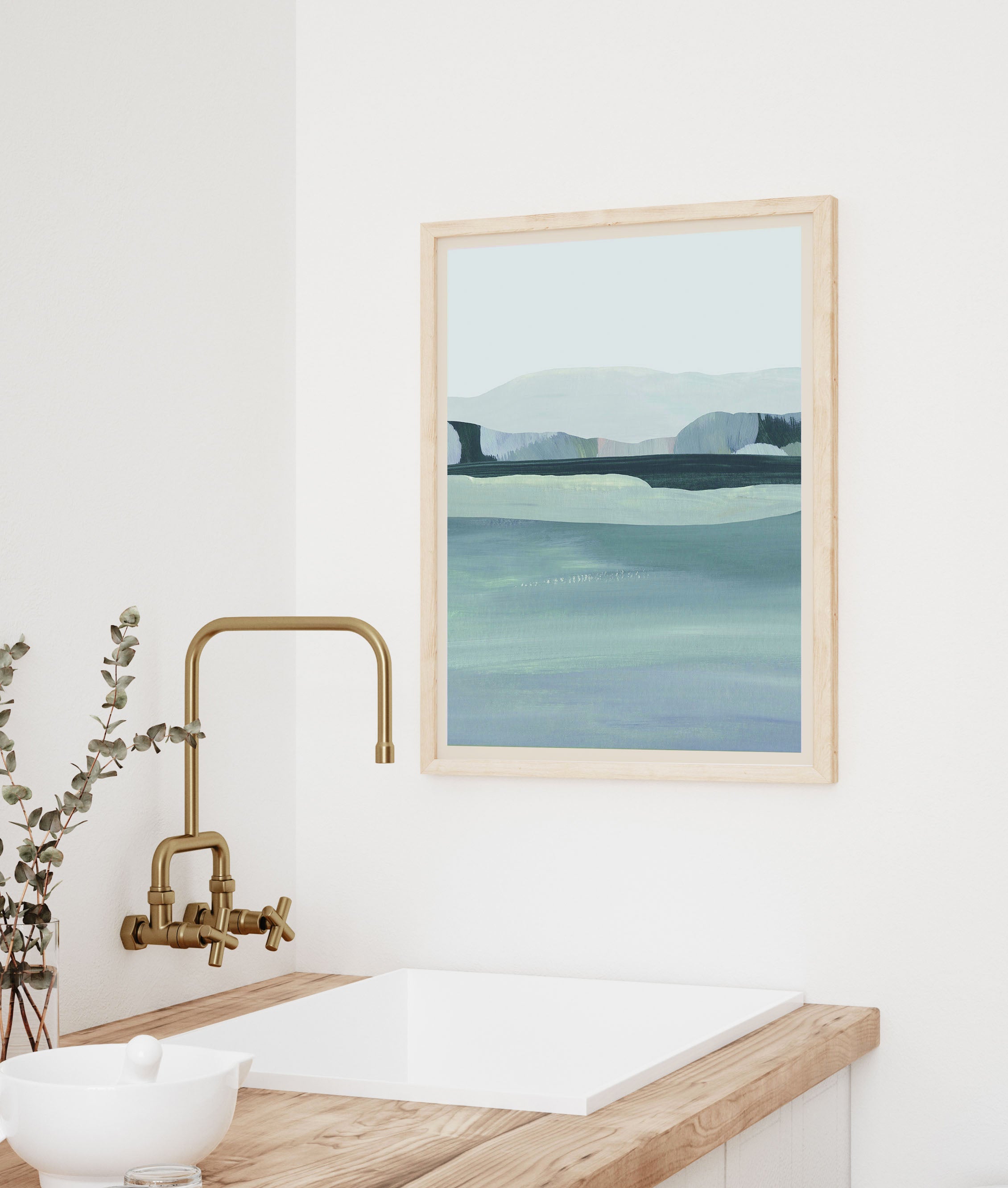 peaceful lake art print capturing minimalist aesthetic hanging on a wall