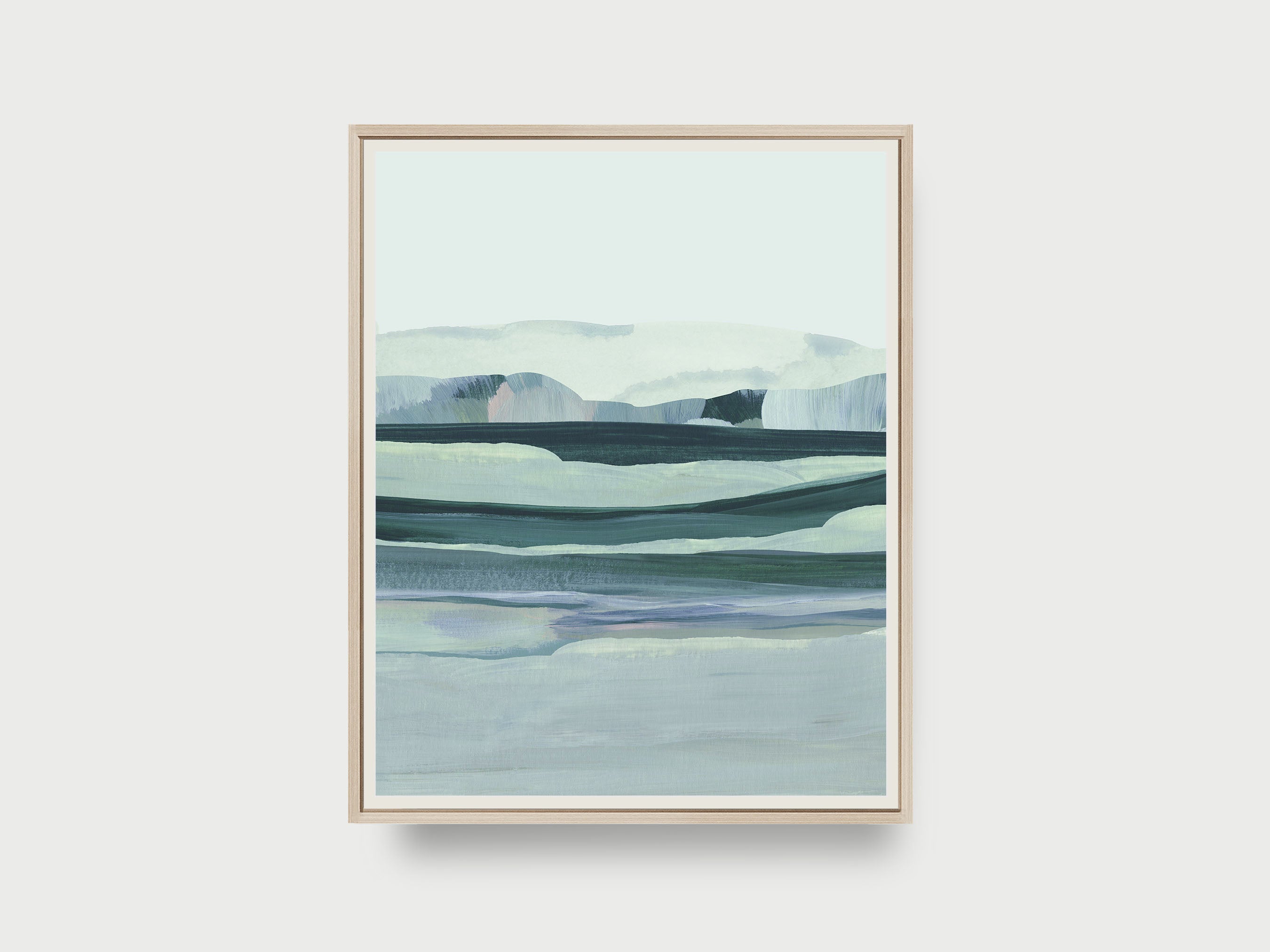 abstract country landscape art print in shades of blue, depicting serene fields, hills, and mountains