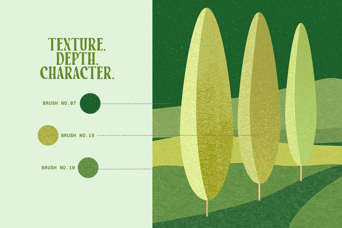 Procreate texture brush graphic featuring a stylized landscape with three textured trees on a green field, showcasing grainy brushwork, depth, and character in digital illustration.