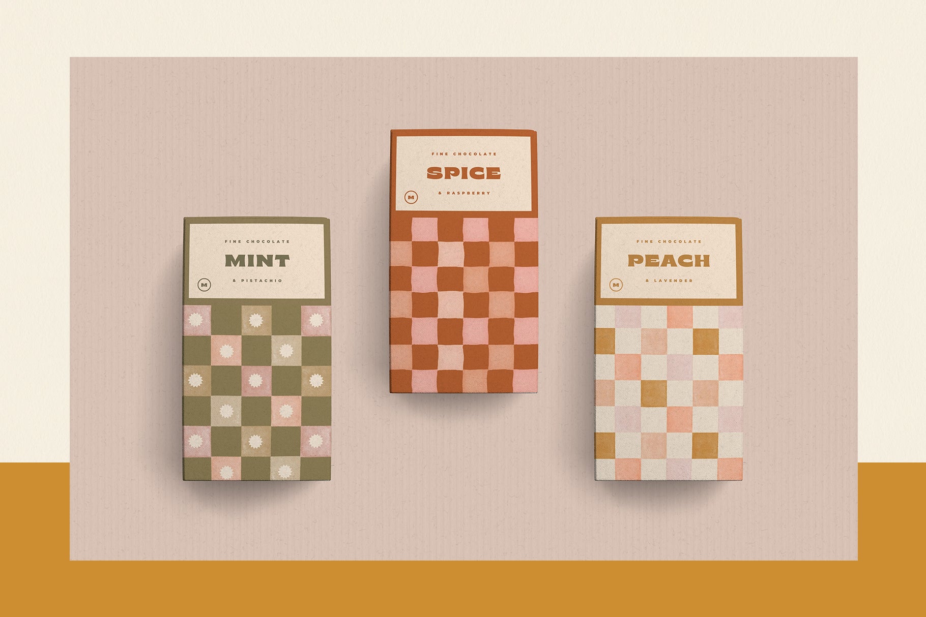 three chocolate packaging mock-ups in the center featuring checkered designs