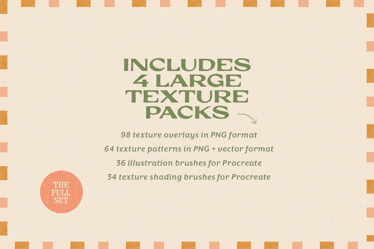 Simple graphic that says four large texture pack, it includes a full texture kit for graphic designers, artists and illustrators 