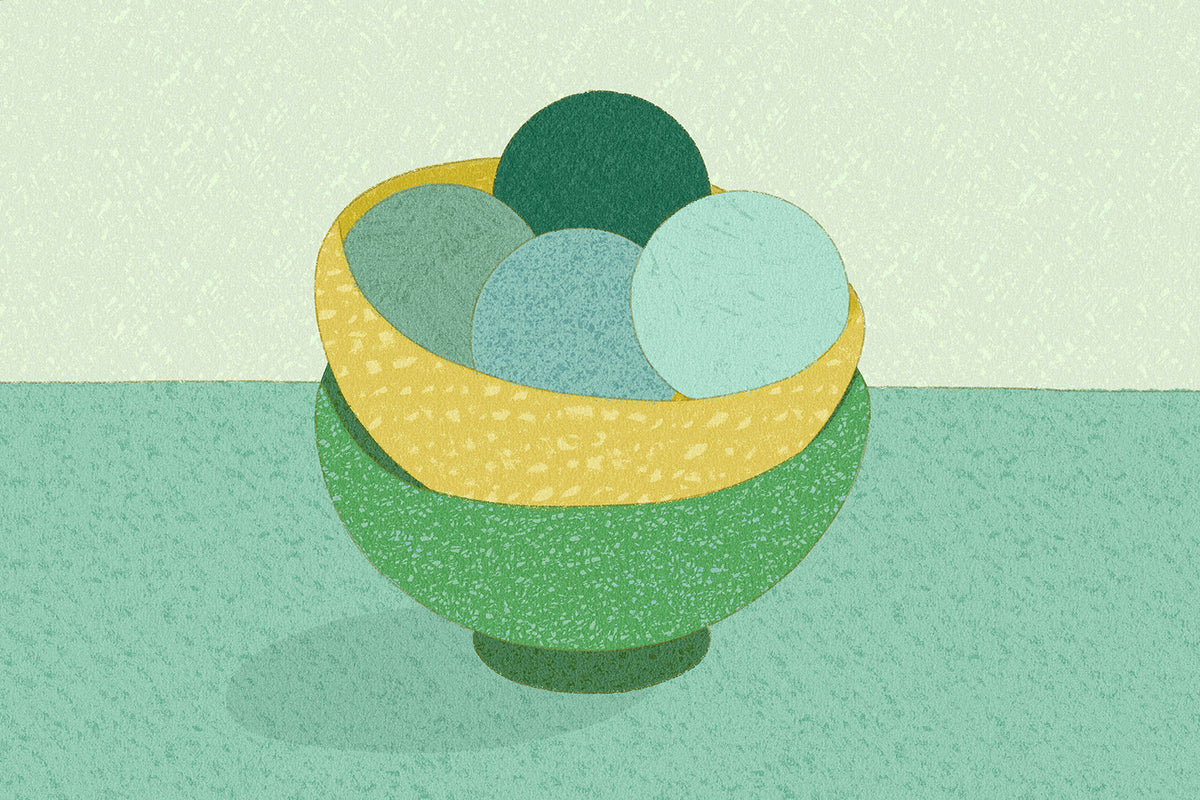 Stylized digital illustration of a green bowl with a yellow rim holding four colorful ice cream scoops in green, blue, and light teal, featuring a textured crayon and pastel inspired look created with Procreate illustration brushes.