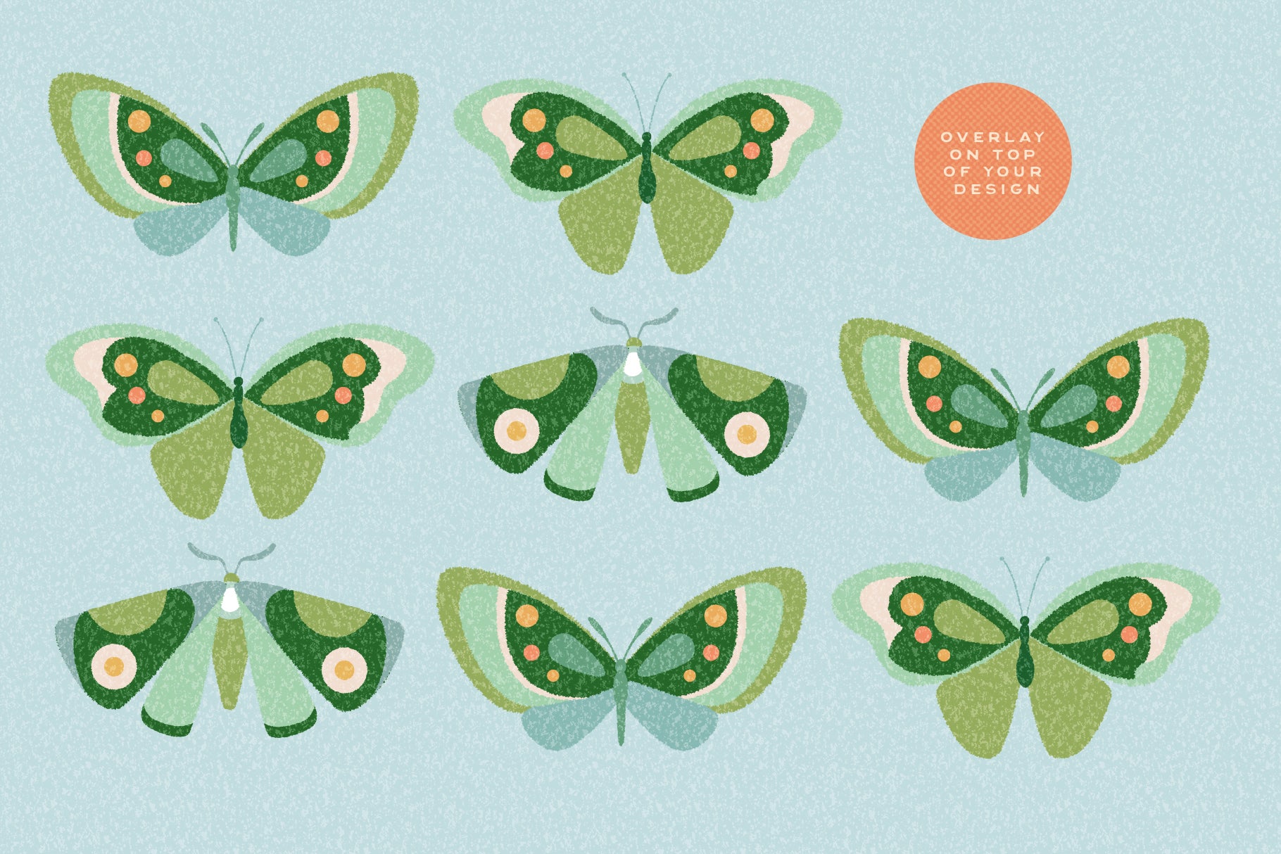 Pattern of green butterflies with hand drawn texture on a light blue background