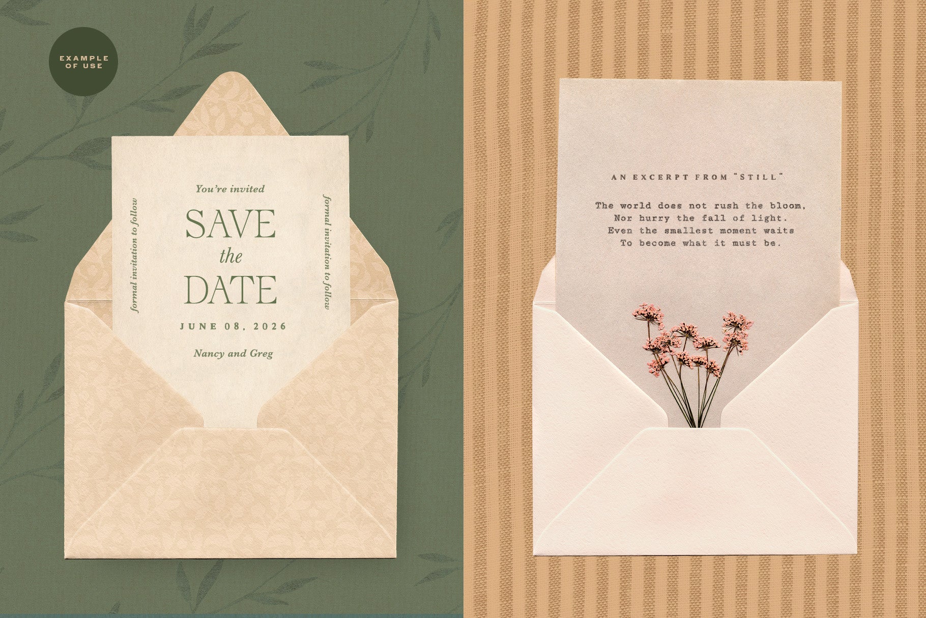 Digital invitation card with &#39;Save the Date&#39; text and a small bouquet of flowers inside an envelope.
