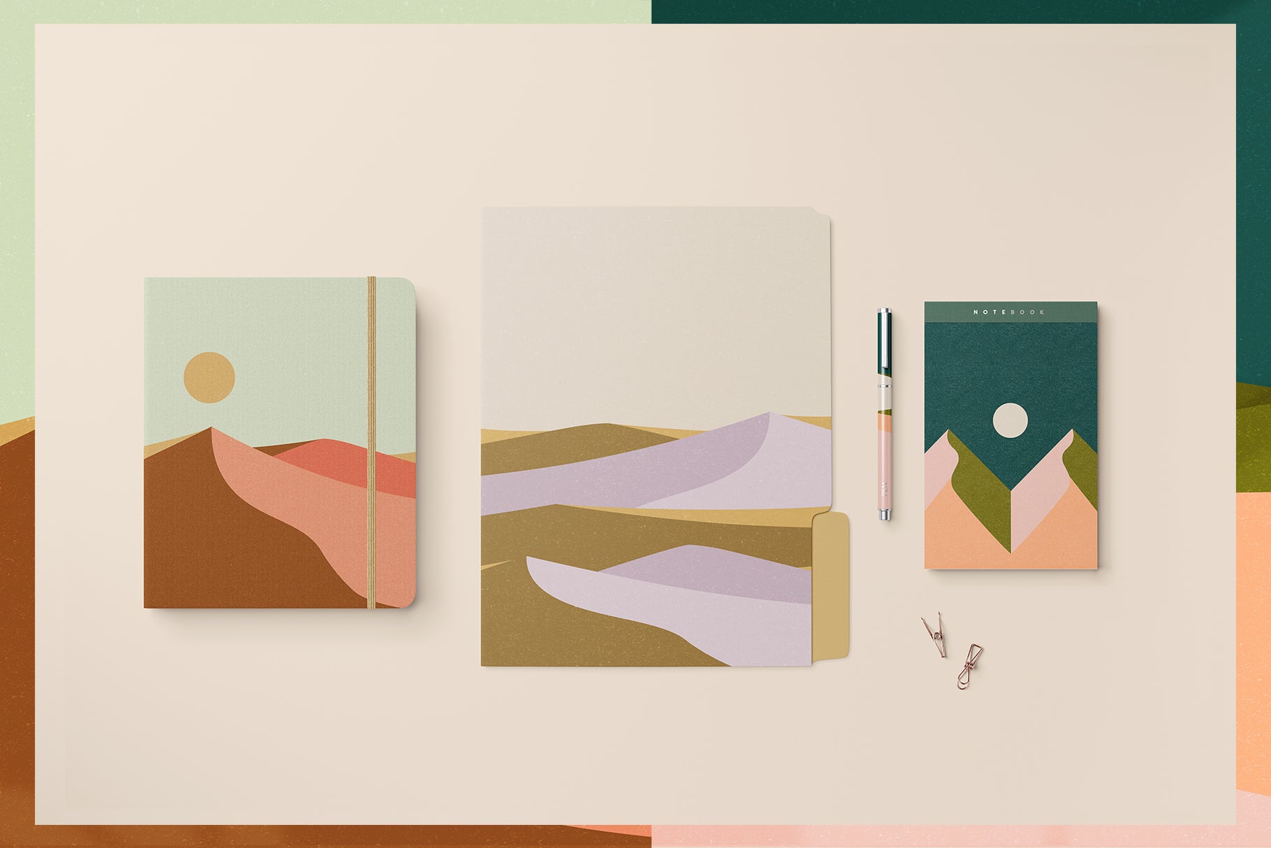 stationery design mock up featuring vector illustration of mountains