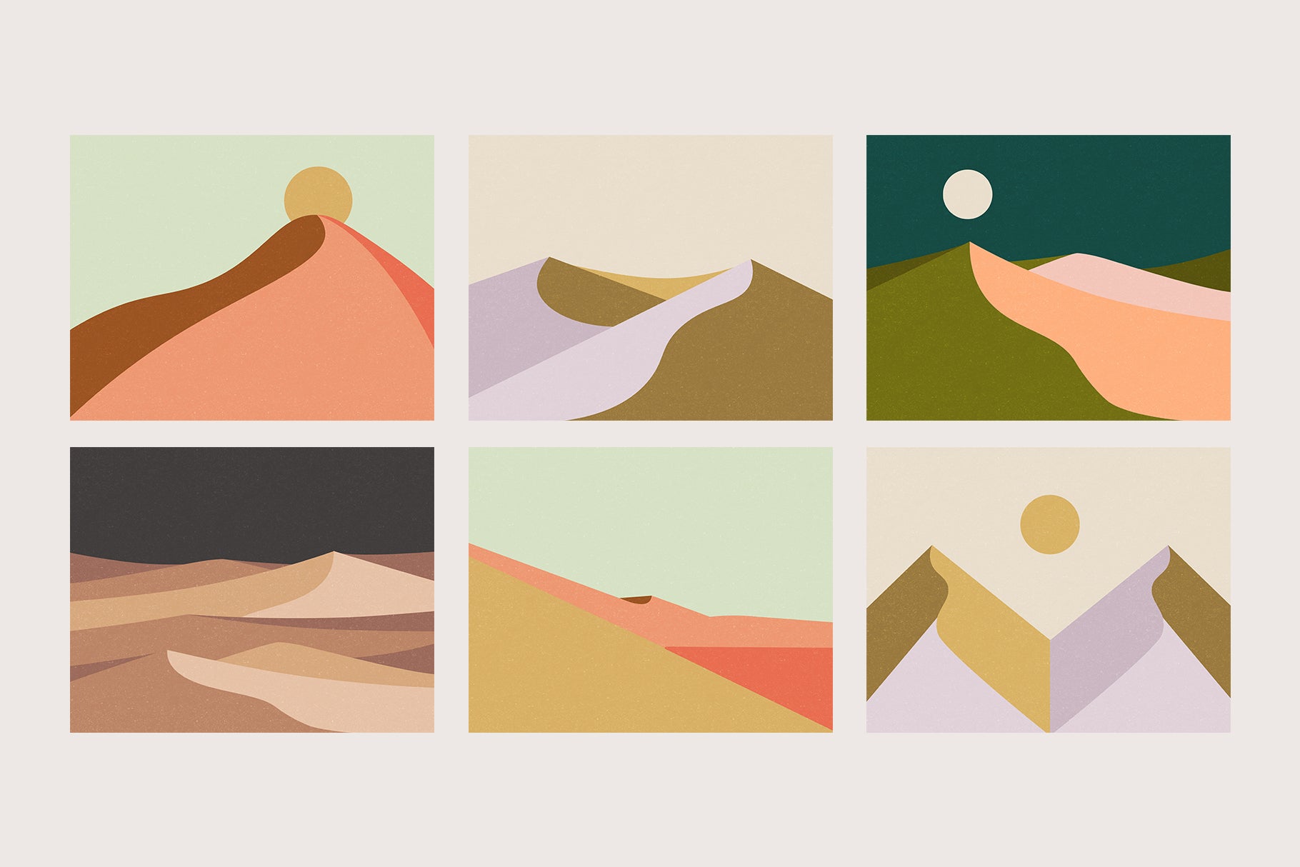 six graphic illustrations featuring landscape scenery