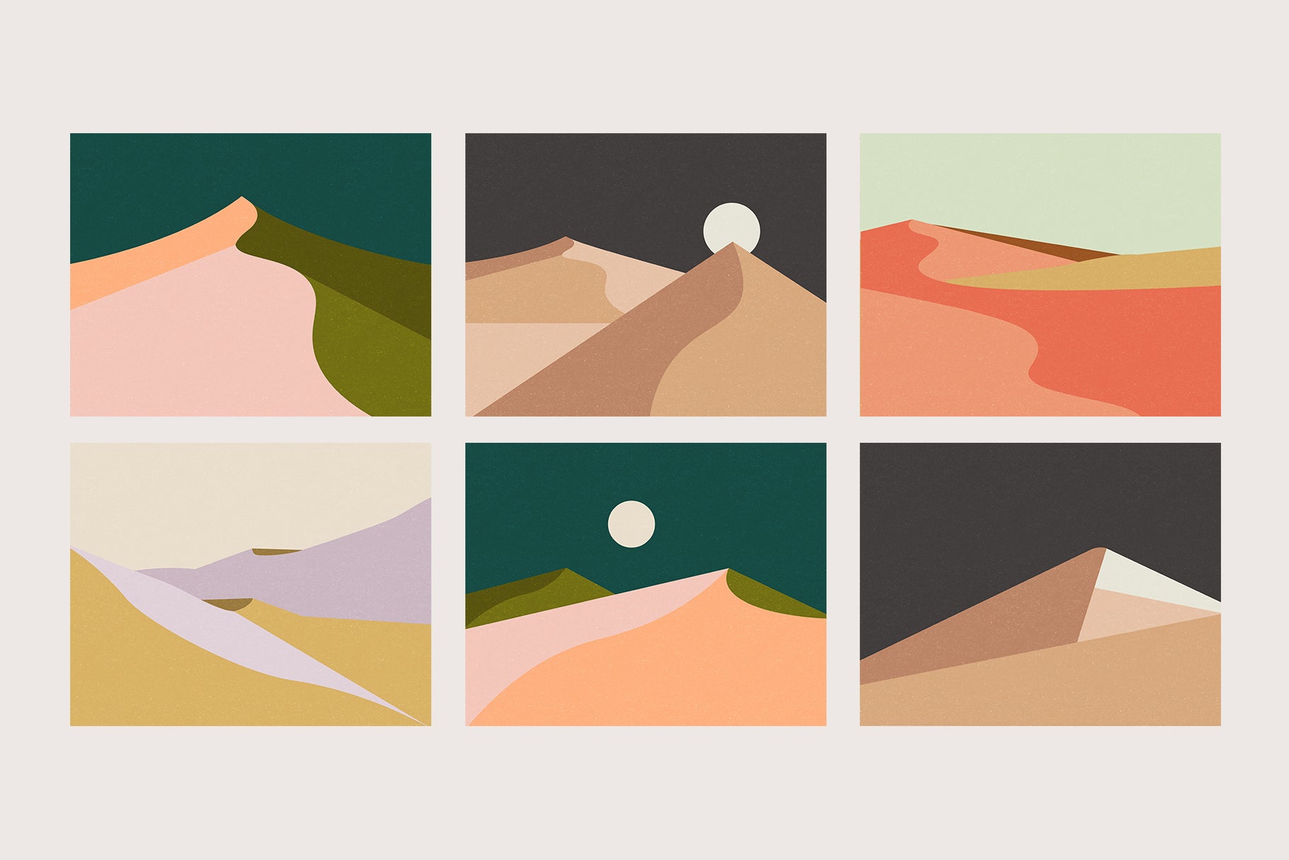 six vector illustrations showing mountains and hills