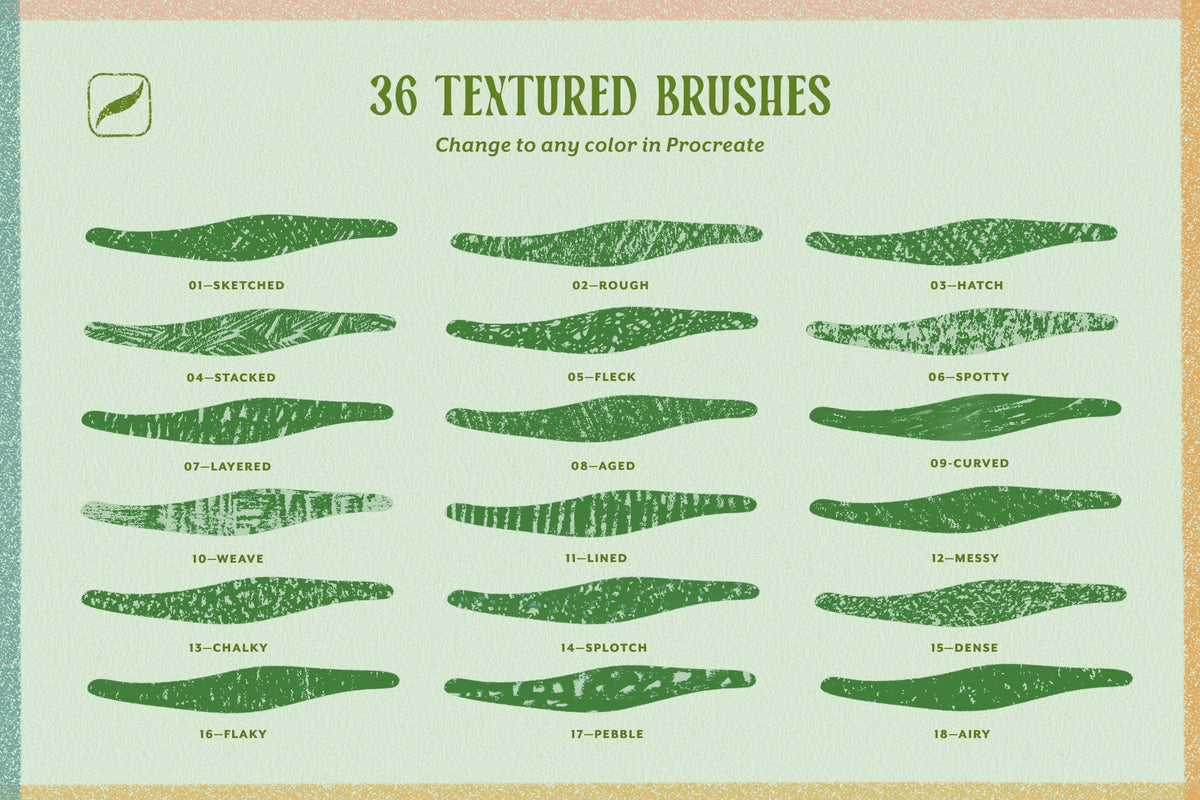 Procreate texture brush preview showing 18 textured brush strokes in a grid, demonstrating hand-drawn, handmade, and organic brush textures.