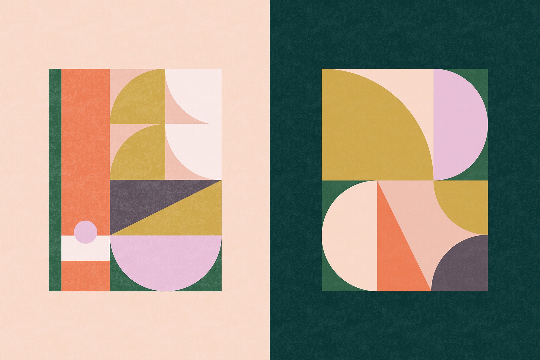 two geometric posters with vibrant pink yellow and orange