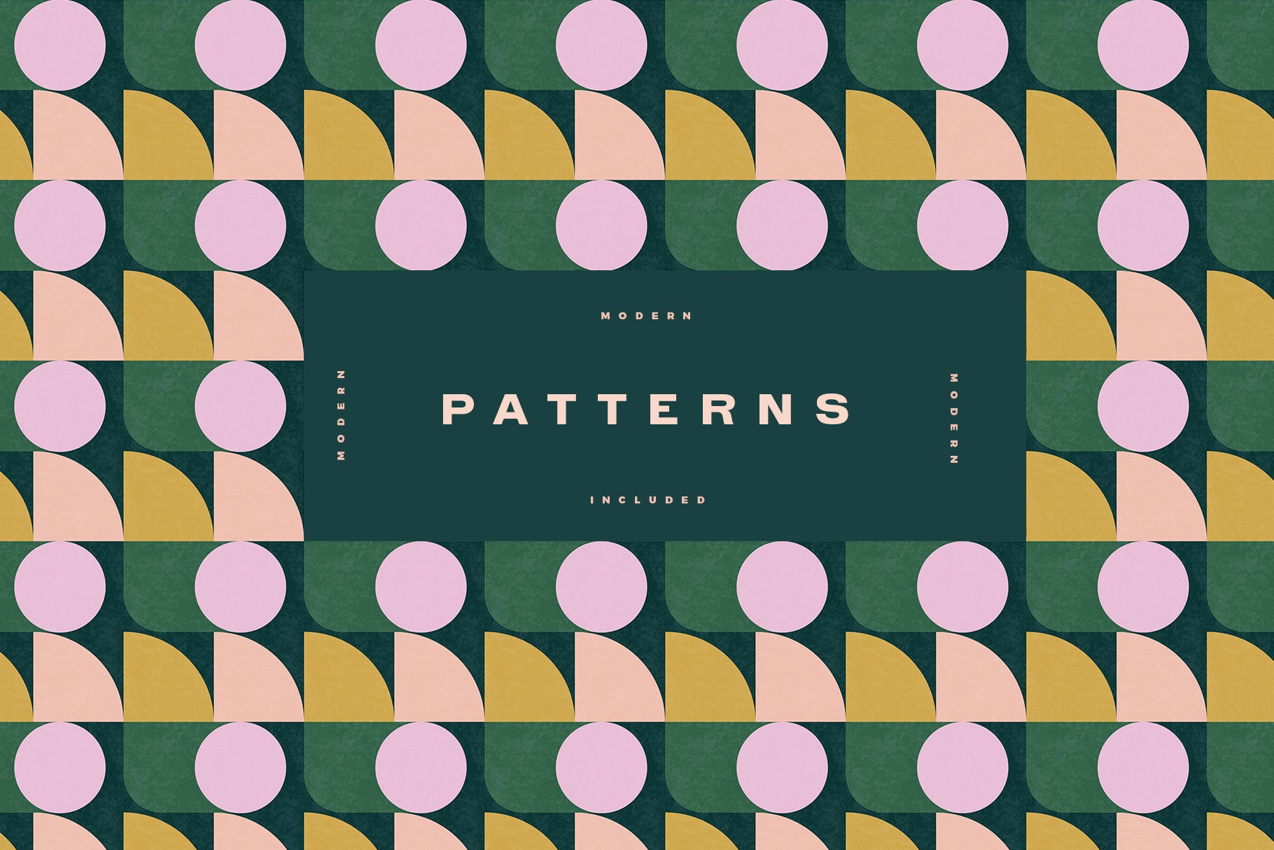 geometric patterns in pink, green and orange with title text in the center