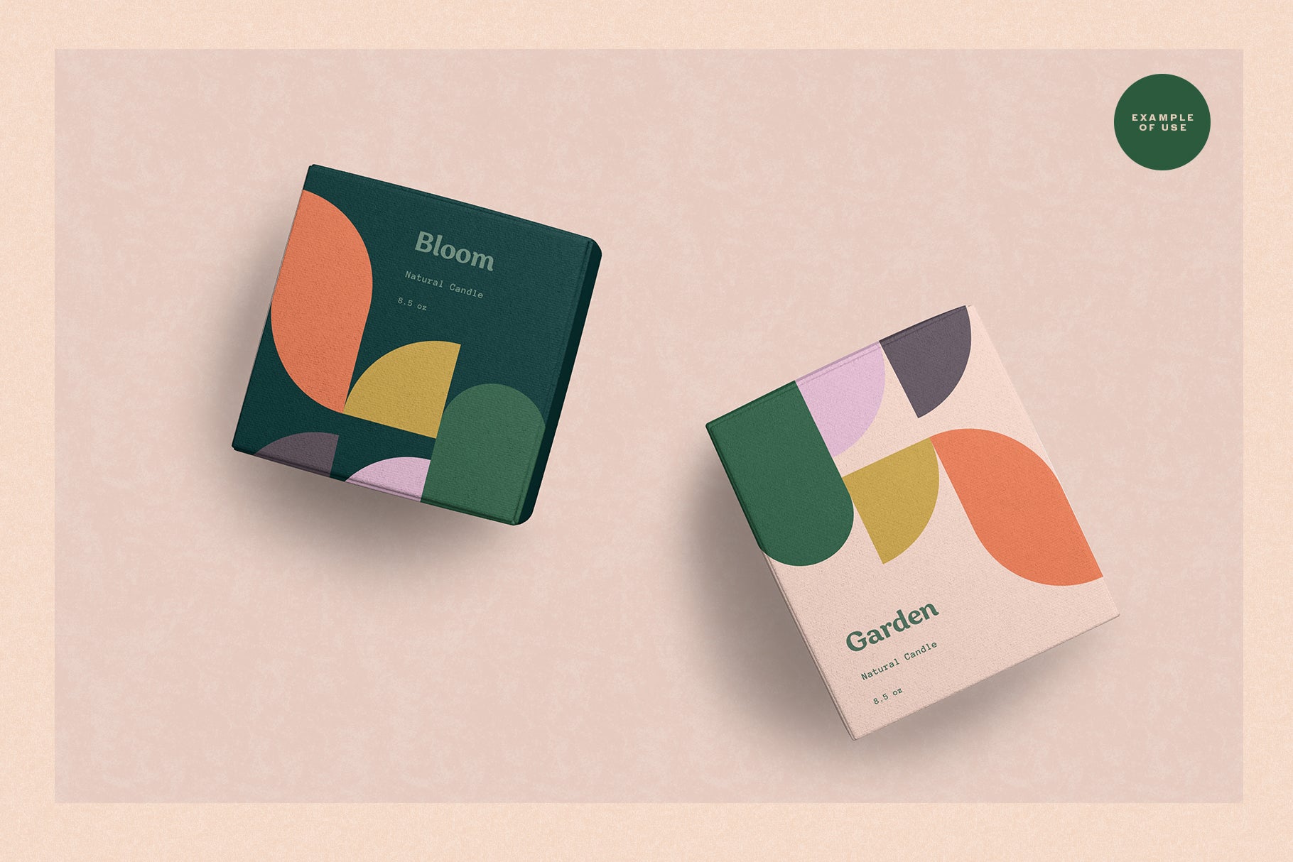 two square packaging boxes examples with bold geometric graphic shapes