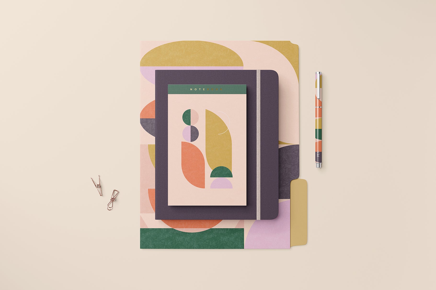 colorful stationery overhead view with geometric graphics