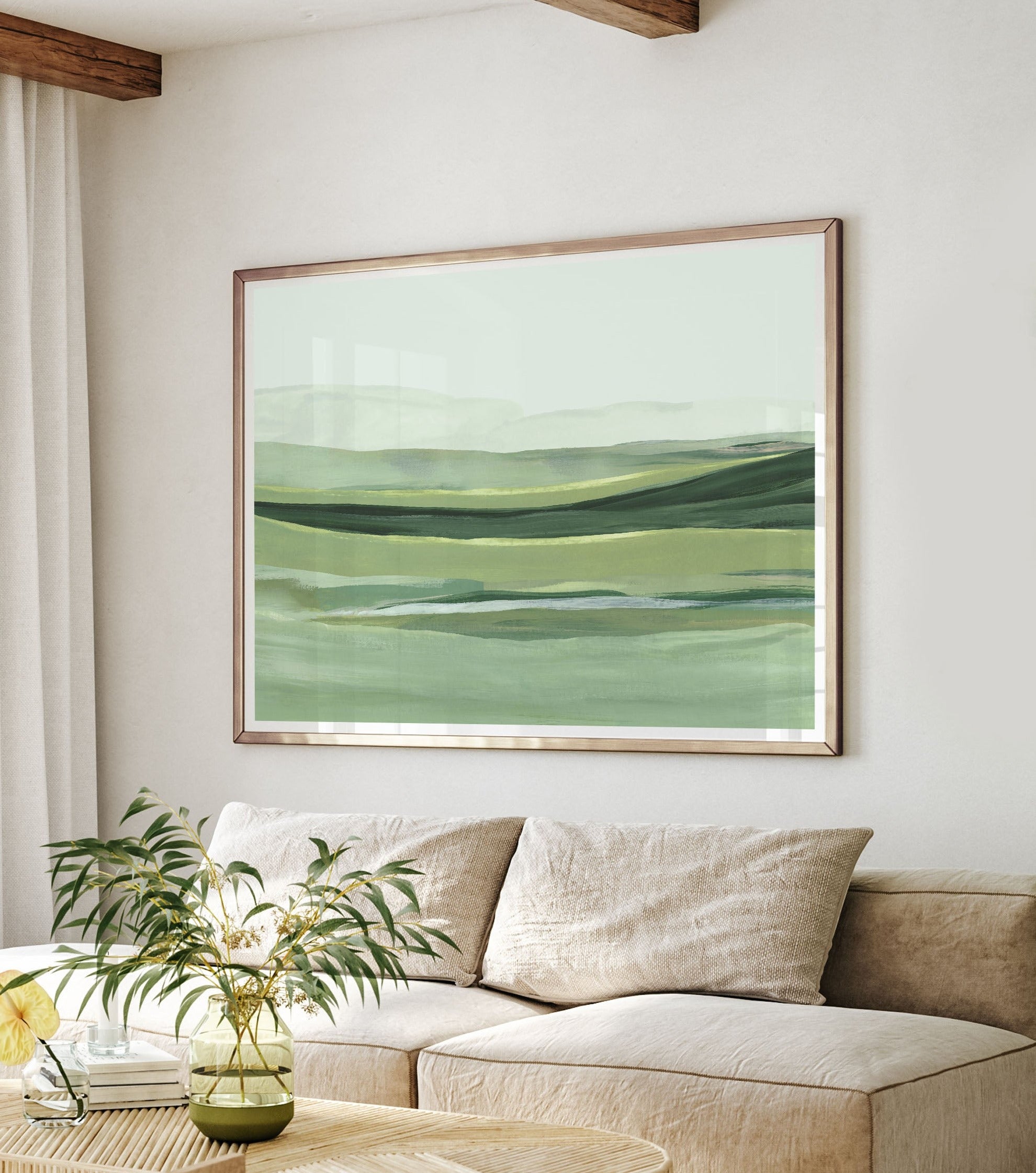 oversized landscape painting of green rolling hills