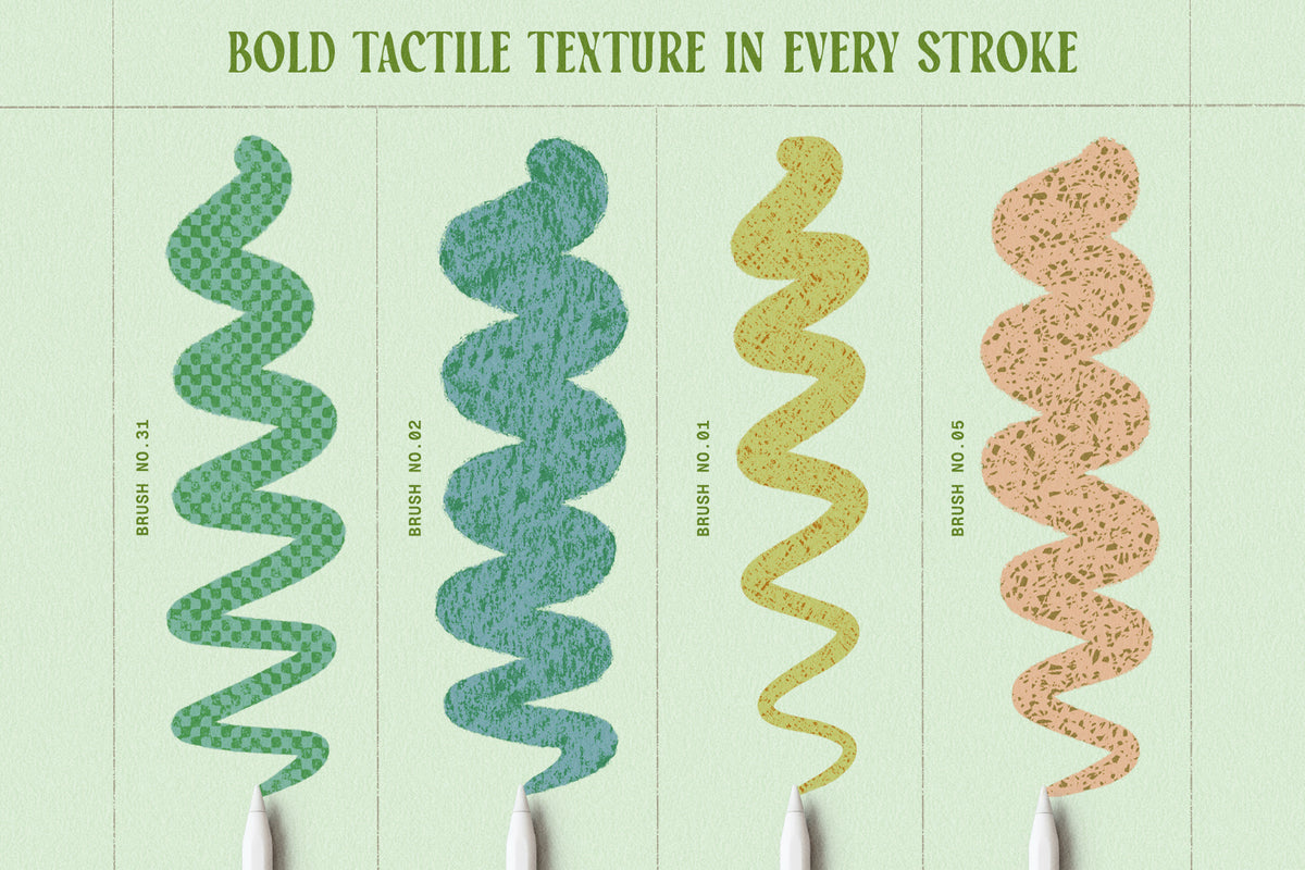 Product graphic showcasing four bold textured Procreate brush swatches in green, teal, yellow, and beige, demonstrating tactile texture and expressive illustration brush effects on a pale green background.