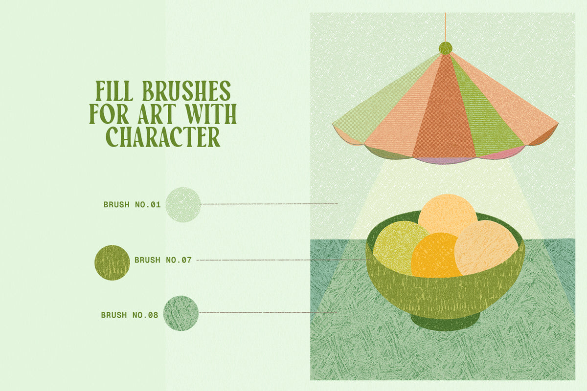 Stylized digital illustration showing textured fill brushes for Procreate, with a striped umbrella and bowl of fruit in a hand-drawn, modern and colorful style.