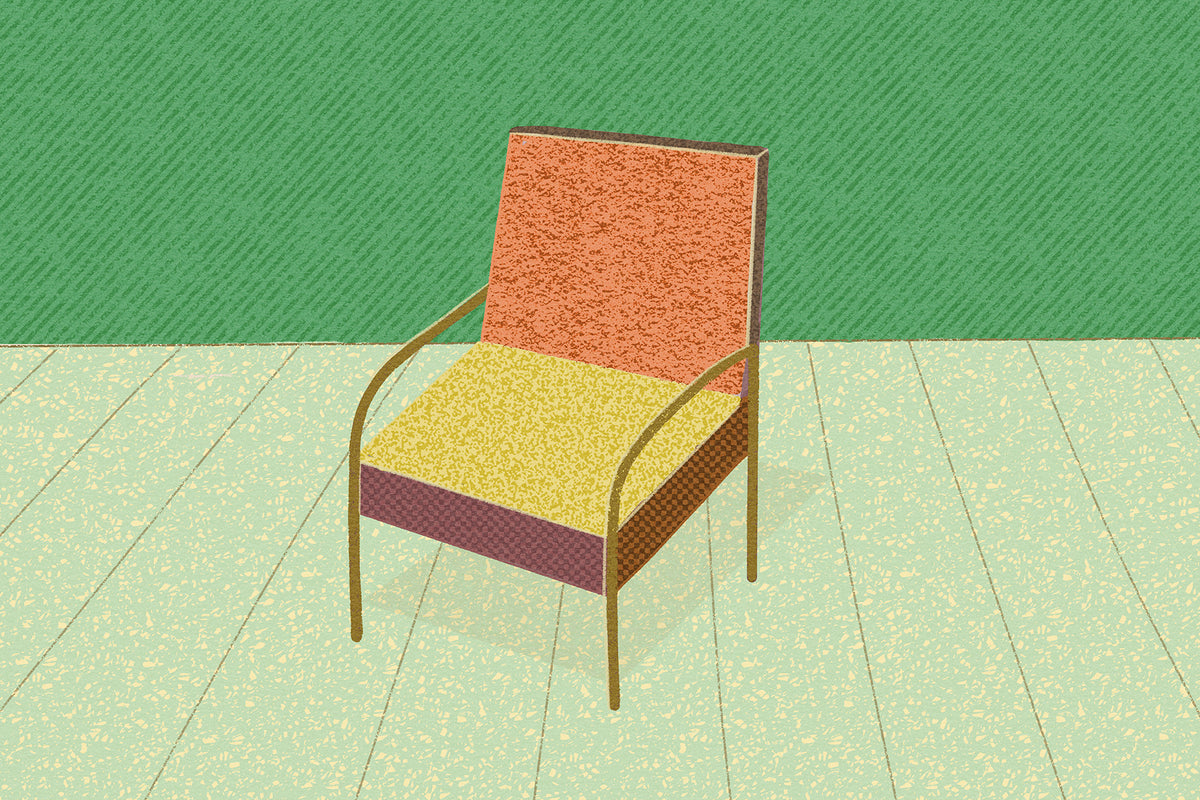 Stylized armchair illustration created with Procreate brushes, featuring a terracotta backrest, yellow seat cushion, dark purple side panel, and gold metal frame against a textured green wall and speckled pale green floor.