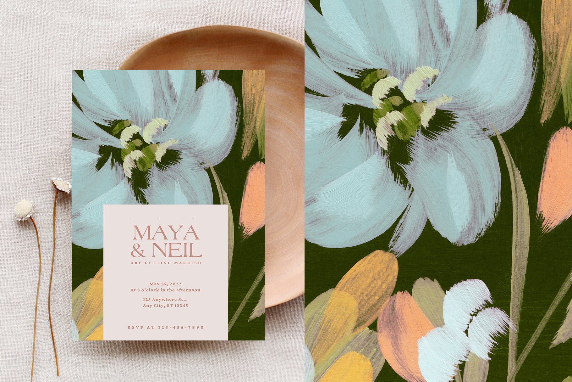 abstract painted floral wedding invitation design