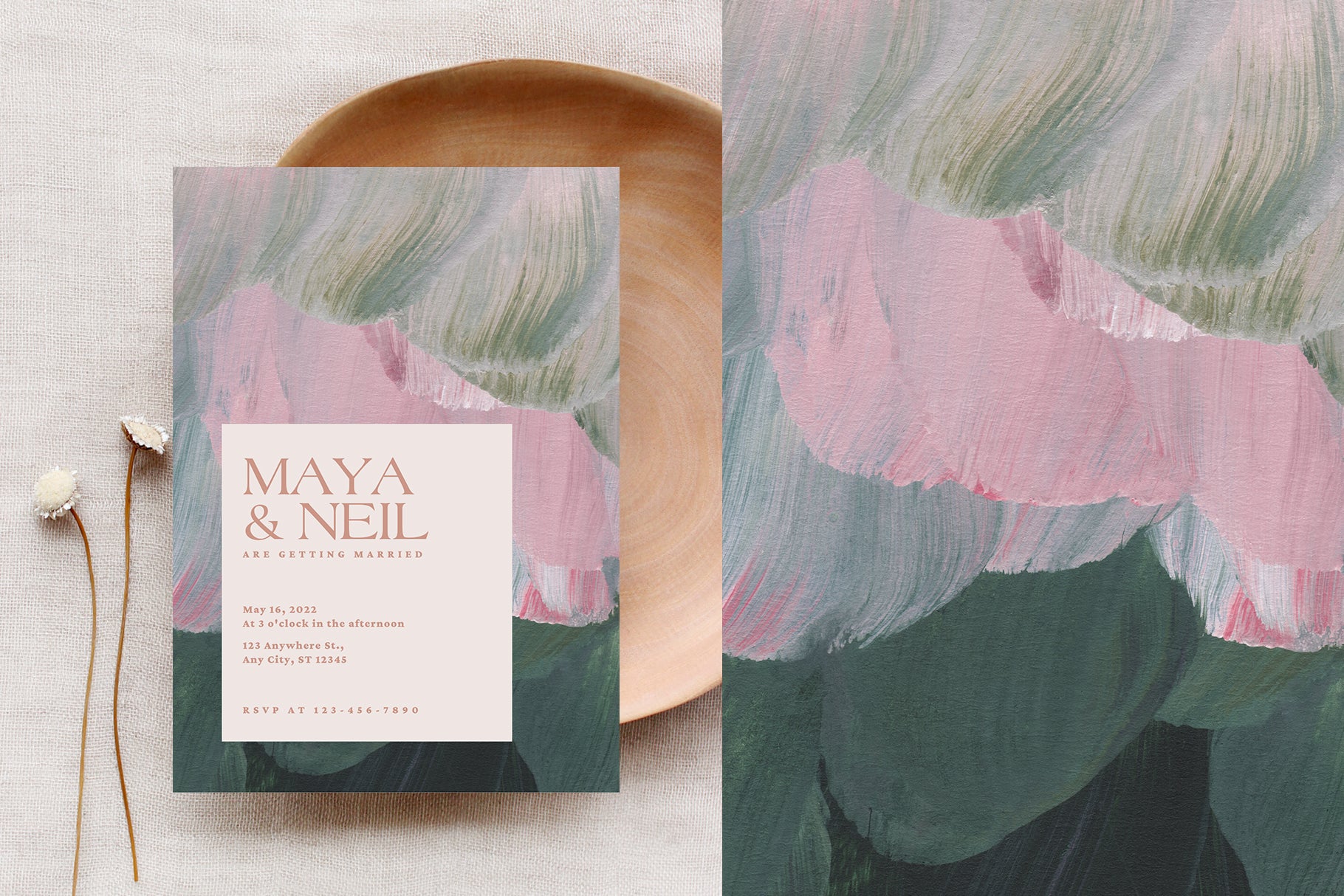 pink and green artistic wedding invitation