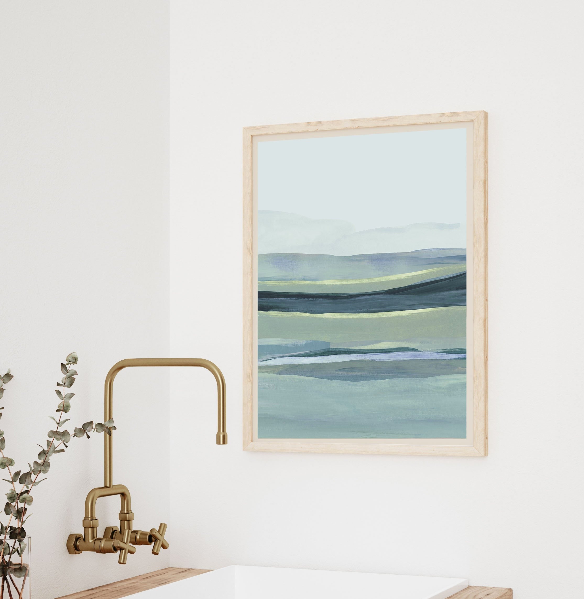vertical blue and green minimal landscape wall decor