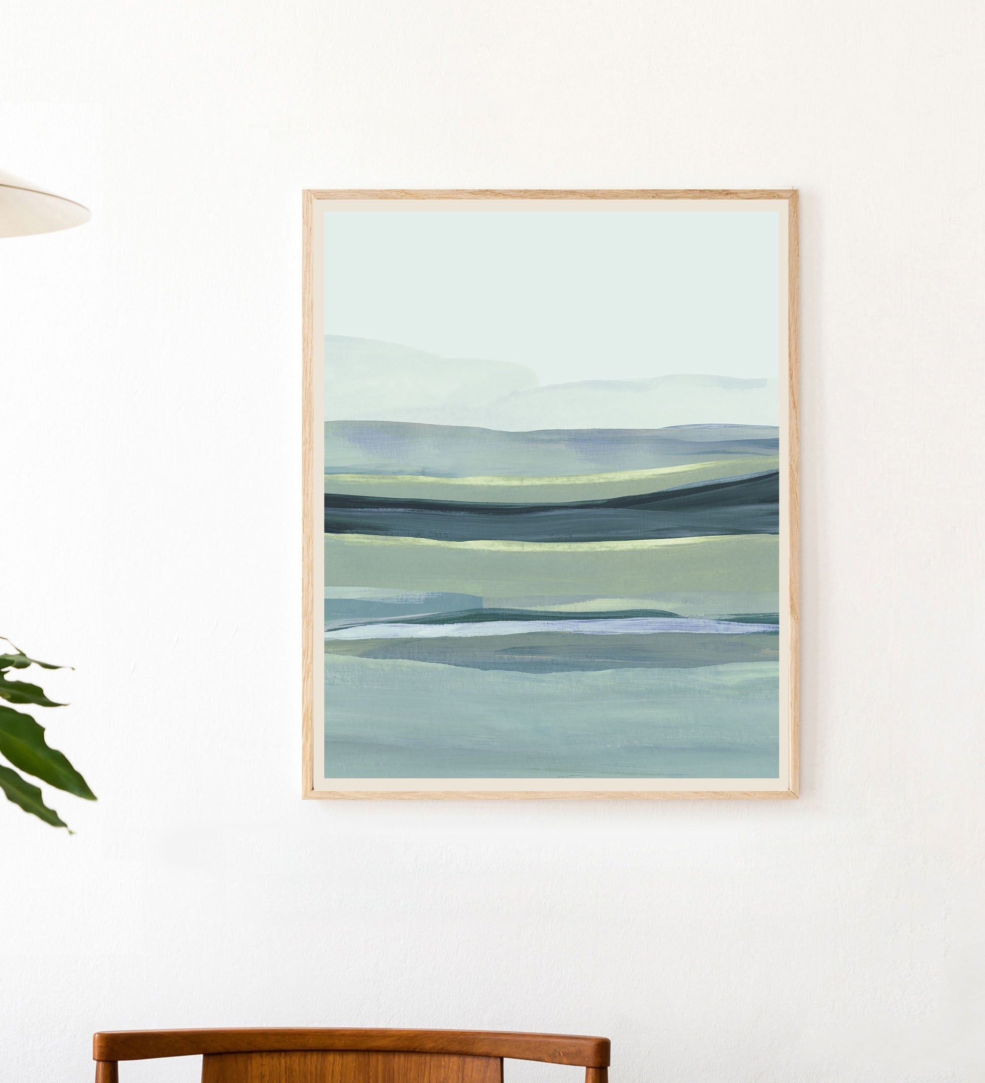 modern vertical landscape painting in shades of blue and green