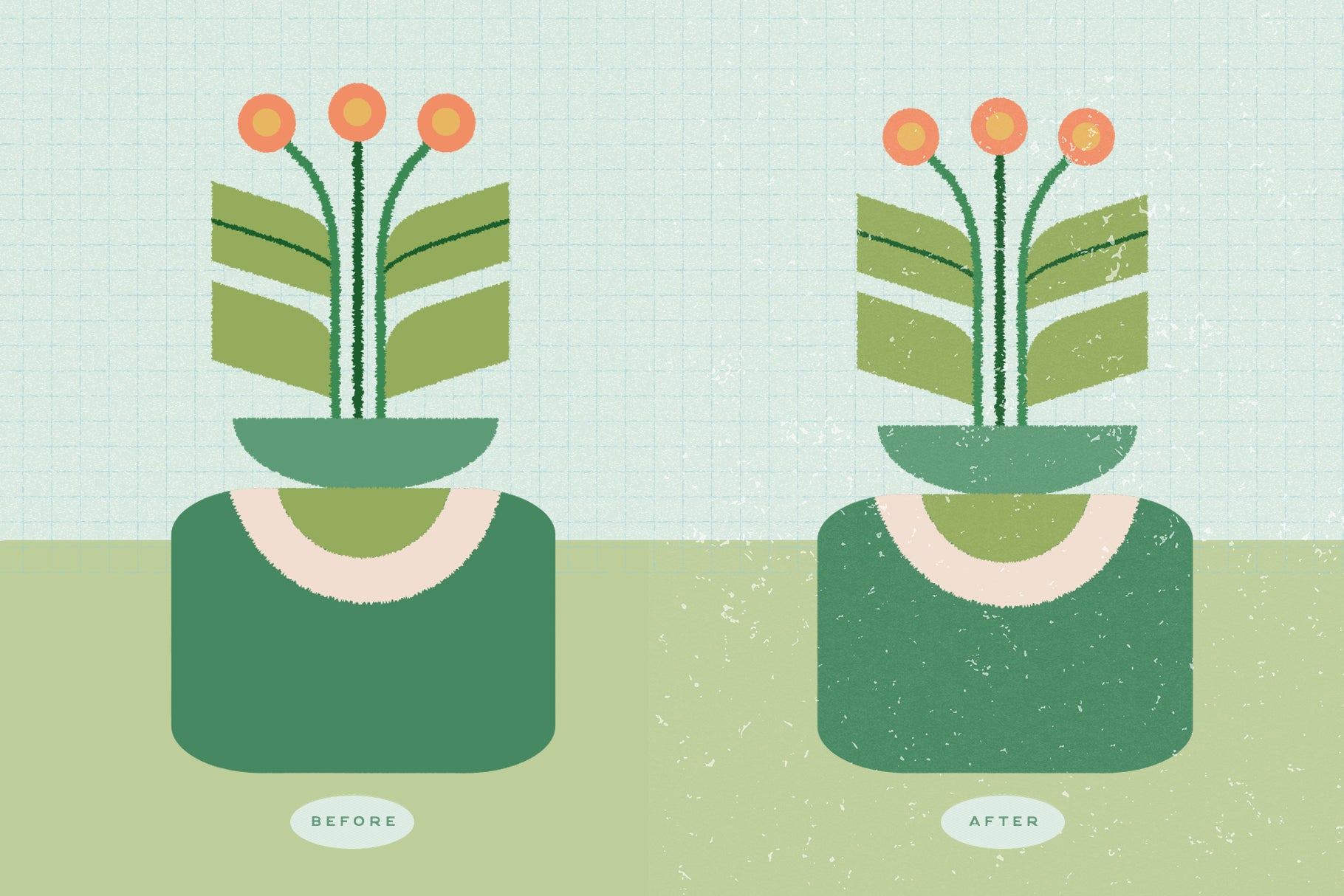 'Before' and 'After' hand made texture effect on digital illustration 