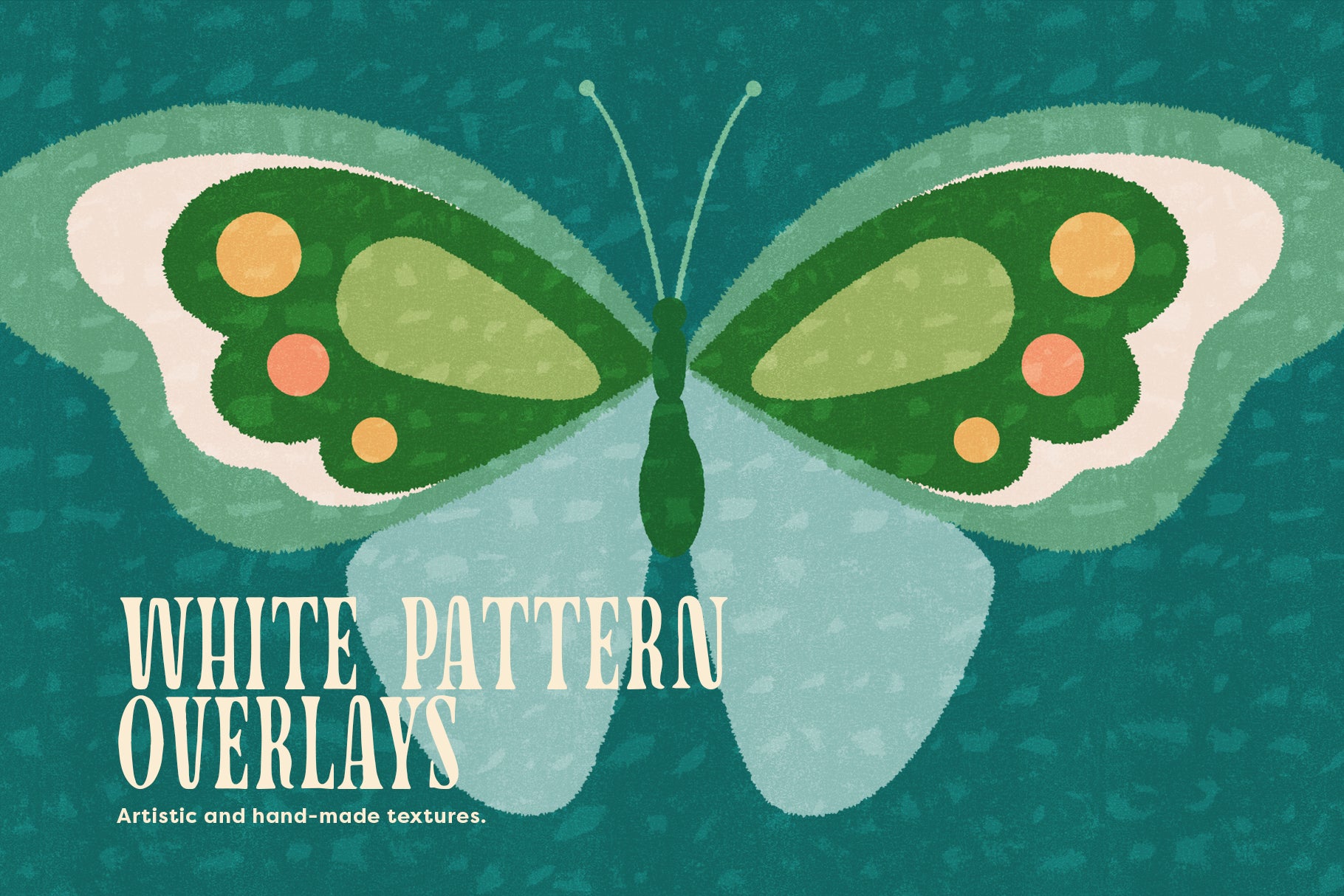 Butterfly illustration with 'White Pattern Overlays' text on a textured teal background