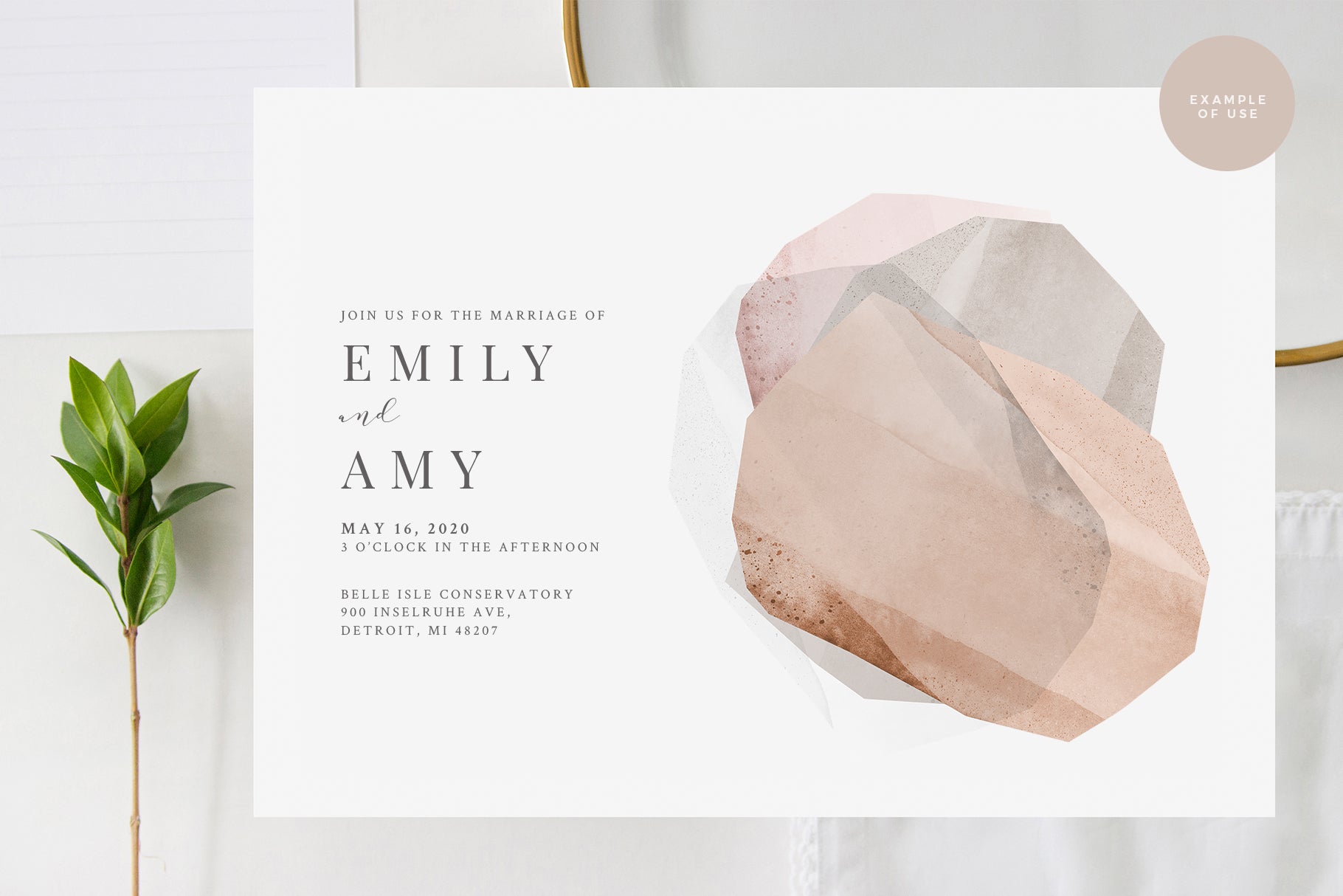 elegant wedding invitation example with abstract shapes composition