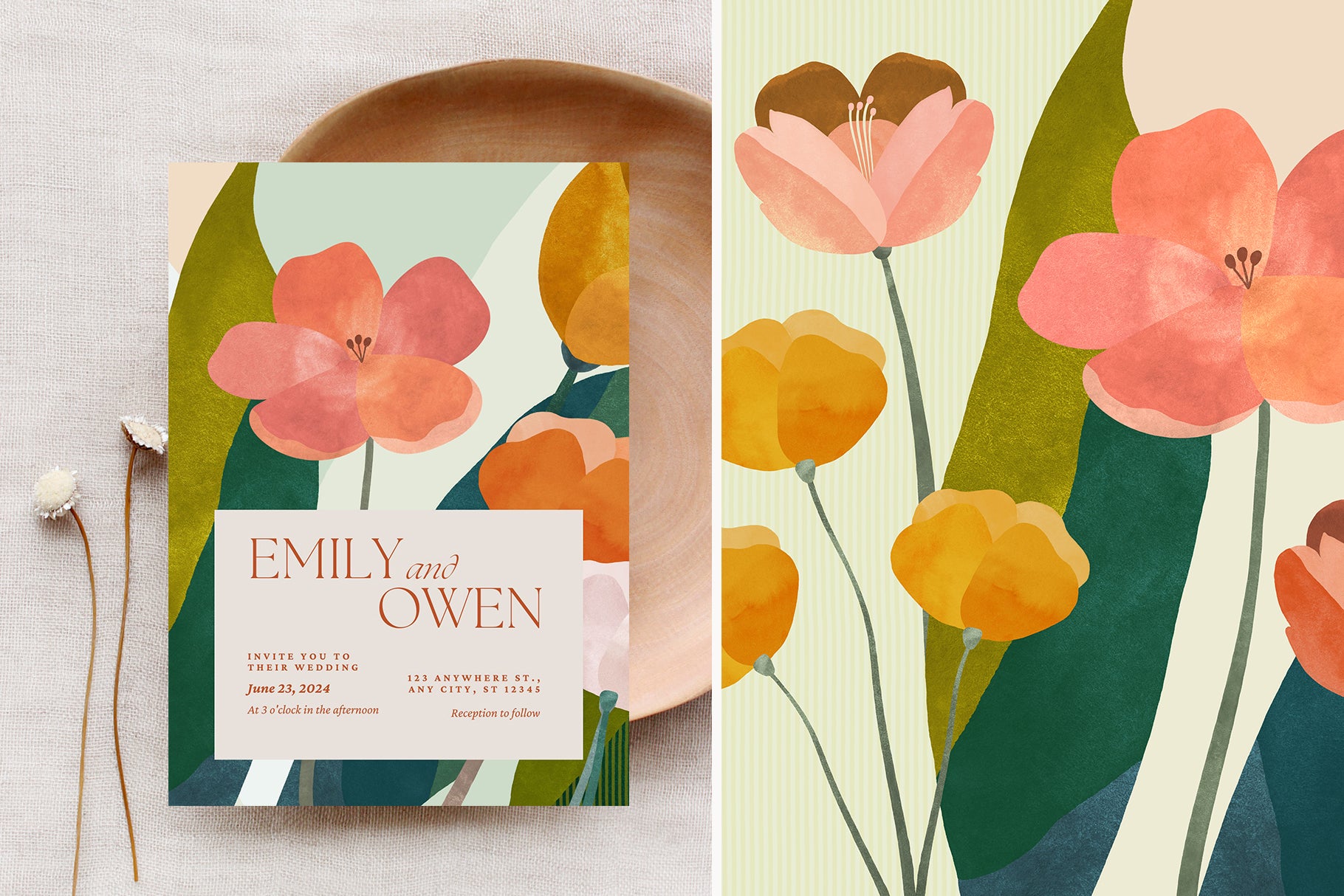 bright and vibrant watercolor flowers for wedding invitation design