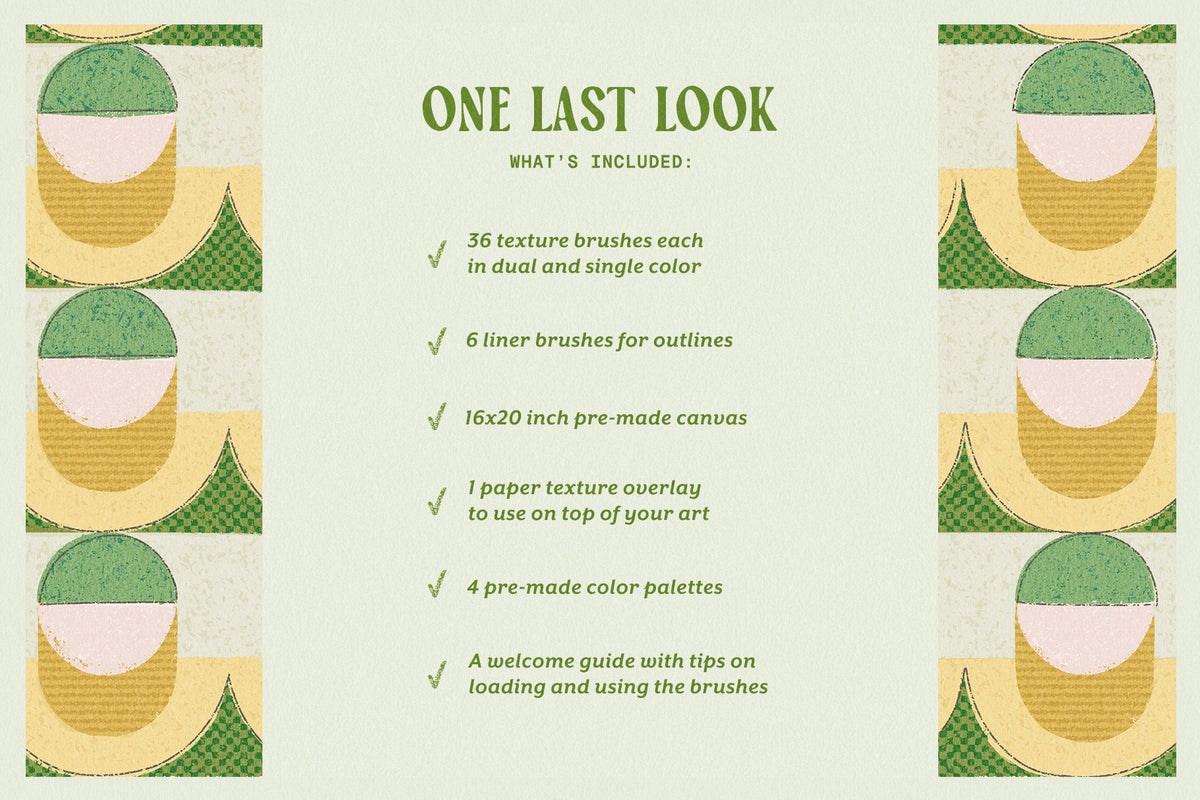 A digital product listing graphic for a set of digital painting brushes and color palettes titled 'ONE LAST LOOK'. The graphic features a light sage green background with a central list of included items (36 texture brushes, 6 liner brushes, 16x20 inch canvas, etc.