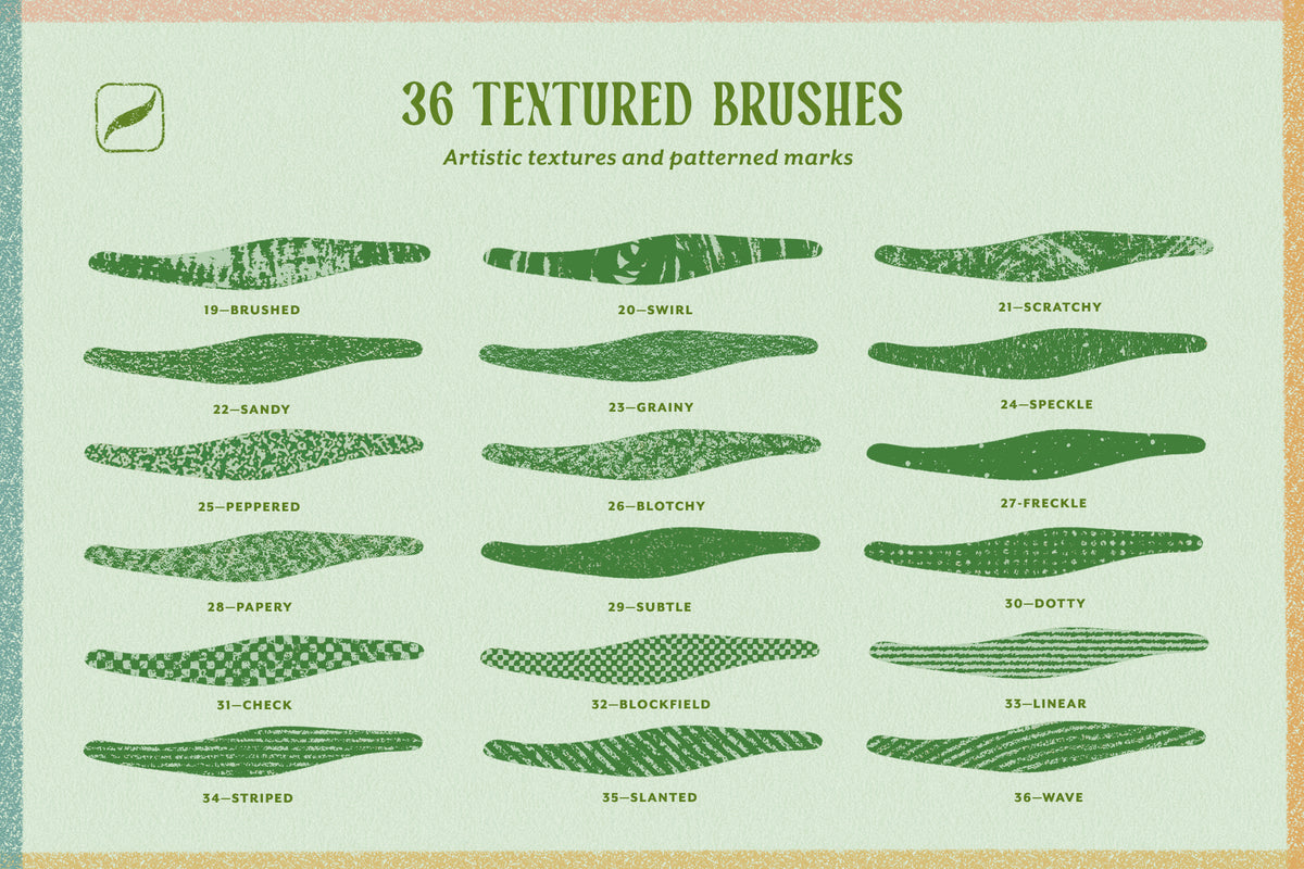 Procreate pattern brush preview showing halftone, check, dot, and stripe patterns with a textured, hand-drawn print look.