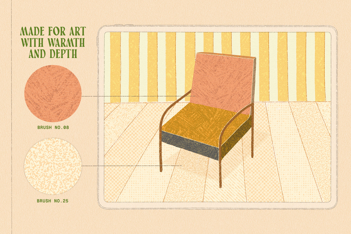 An illustrated product of procreate brushes showing a stylized armchair with a pinkish-orange upholstered back and a mustard-yellow upholstered seat, set against a cream and yellow striped room background. 