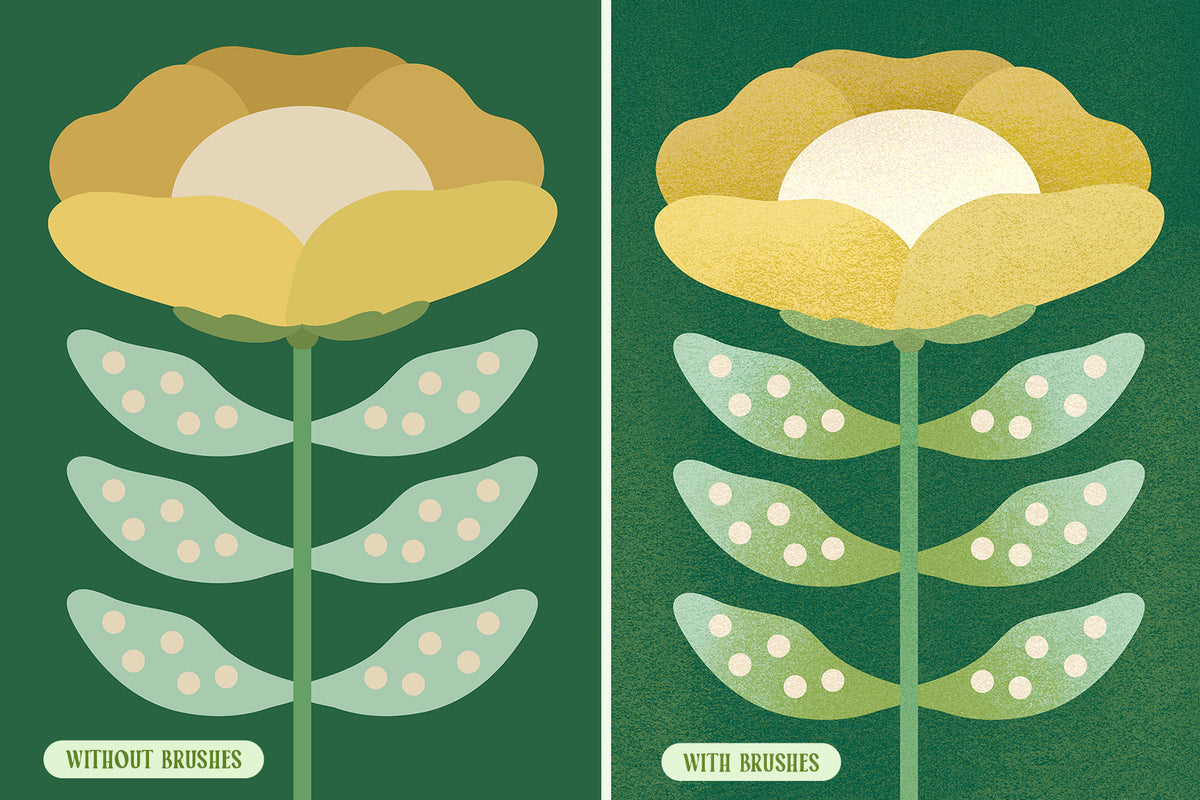 Side-by-side Procreate illustration comparison showing a flower drawn without brushes for a smooth, flat look versus a textured version created with digital noise brushes, featuring visible brush strokes and grain.