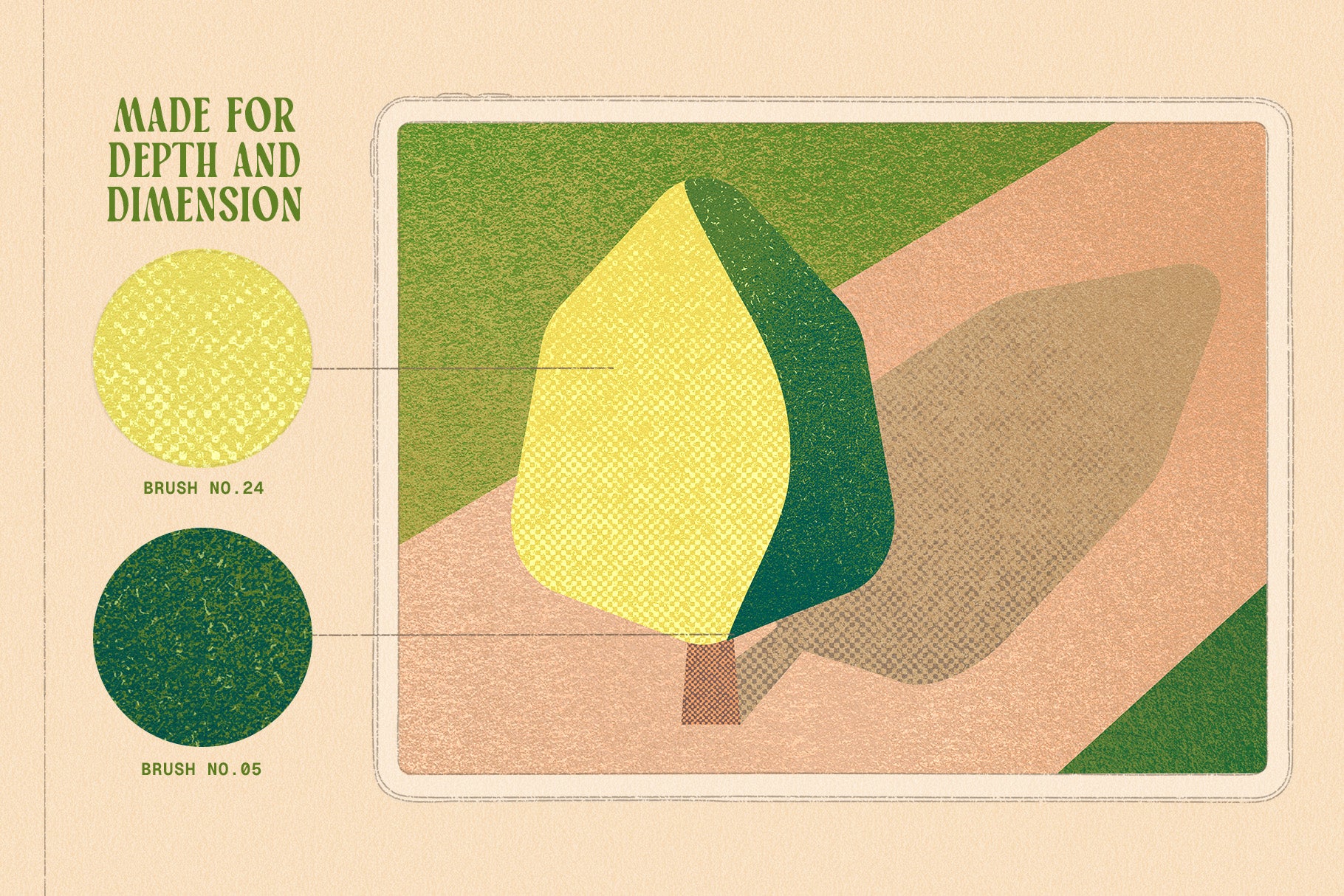 Vintage-style Procreate brush illustration featuring a stylized tree in green and yellow tones, with grain and textured shading, beige background, and circular brush swatches labeled Brush No. 24 and Brush No. 25.