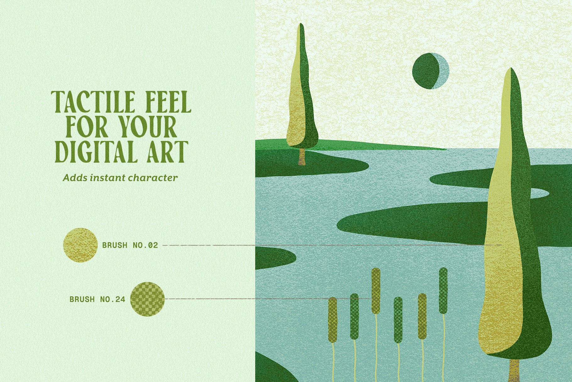 Promotional graphic for Procreate texture brushes featuring textured brush swatches labeled “Brush No. 82” and “Brush No. 83,” with text highlighting a tactile feel and added character for digital art.